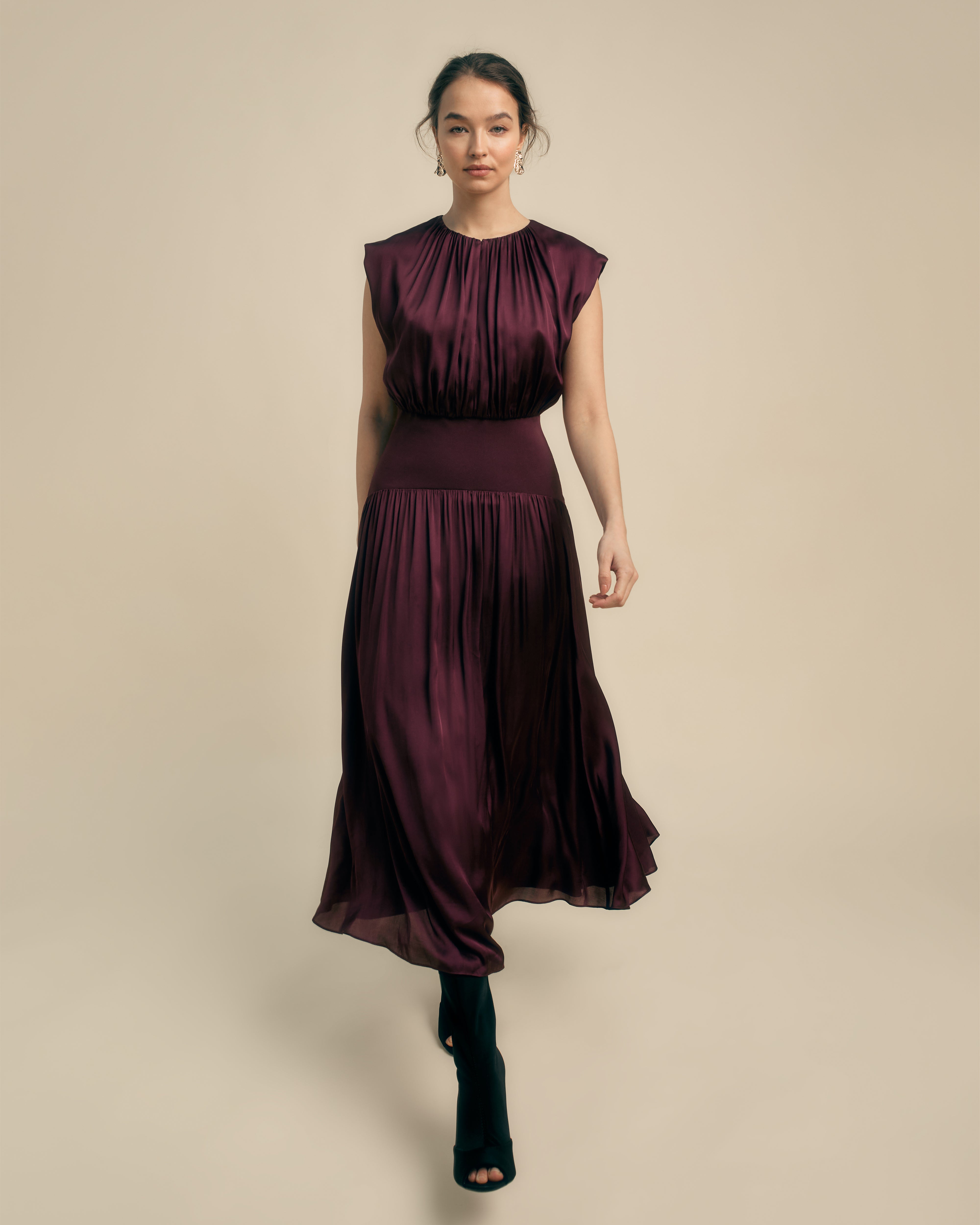 FLORERE burgundy Knit And Woven Mix Midi Dress Florere FLORERE burgundy Knit And Woven Mix Midi Dress Florere
