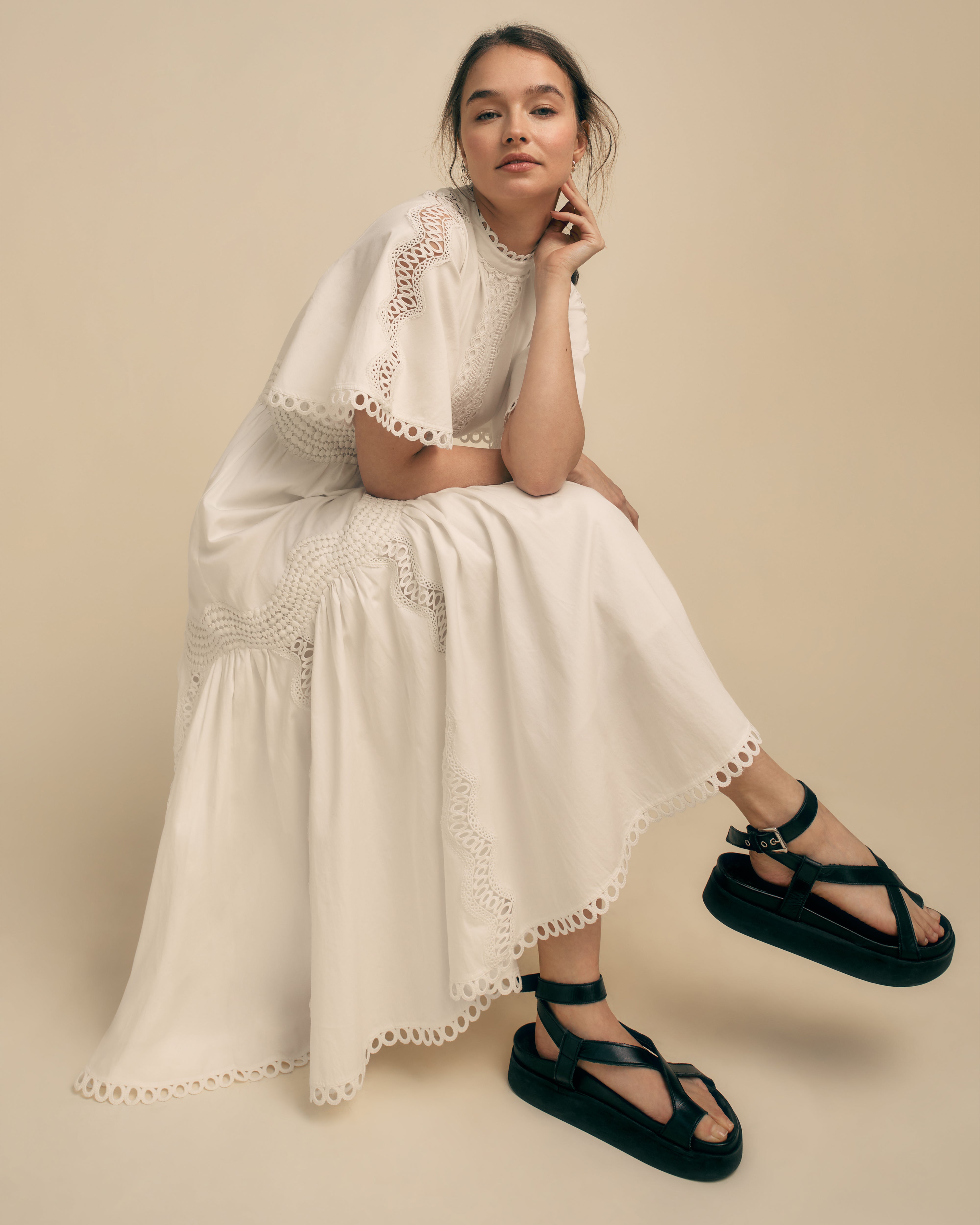 Florere white Crochet Lace Detail Cotton Midi Dress