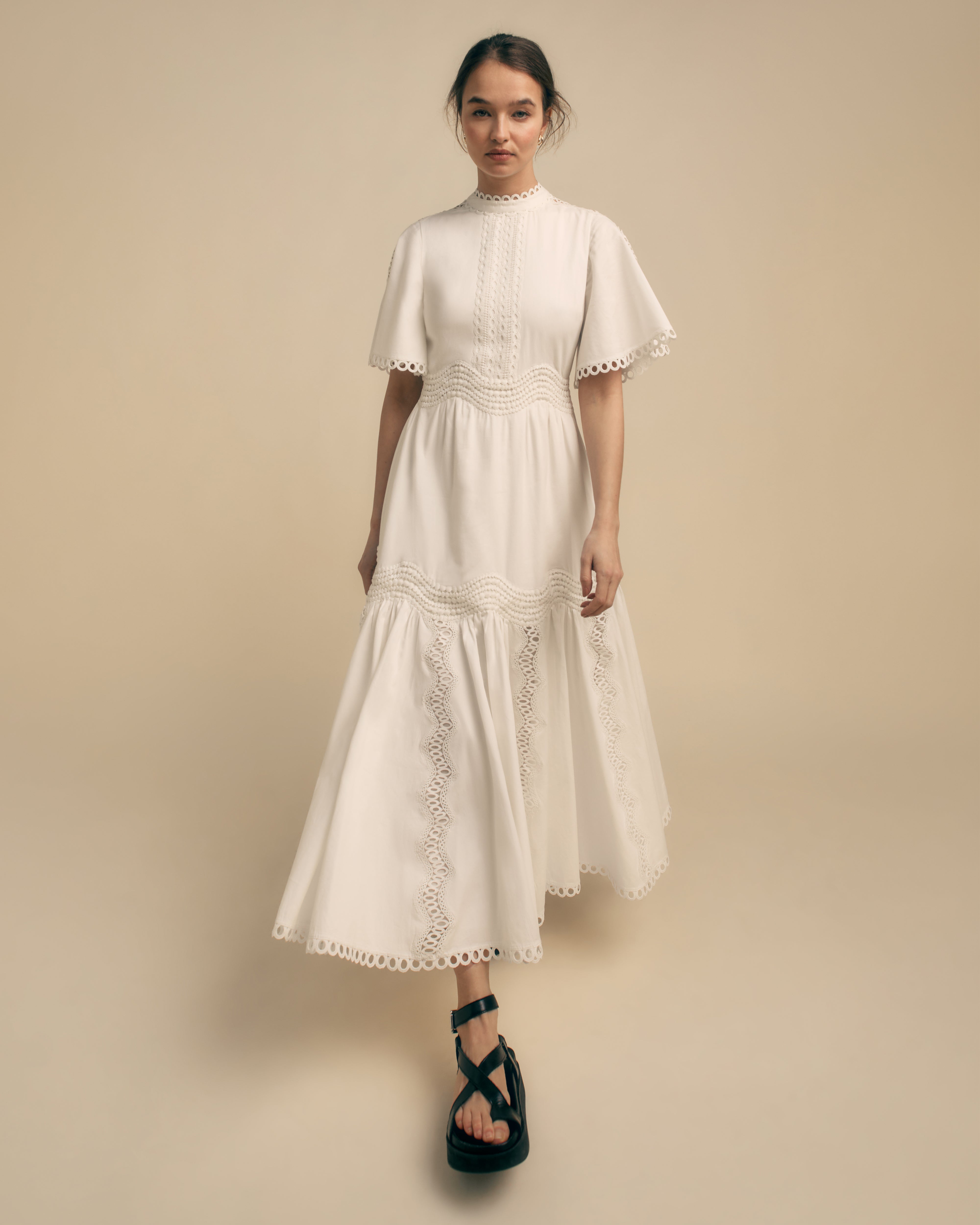 Crochet Lace Detail Cotton Midi Dress