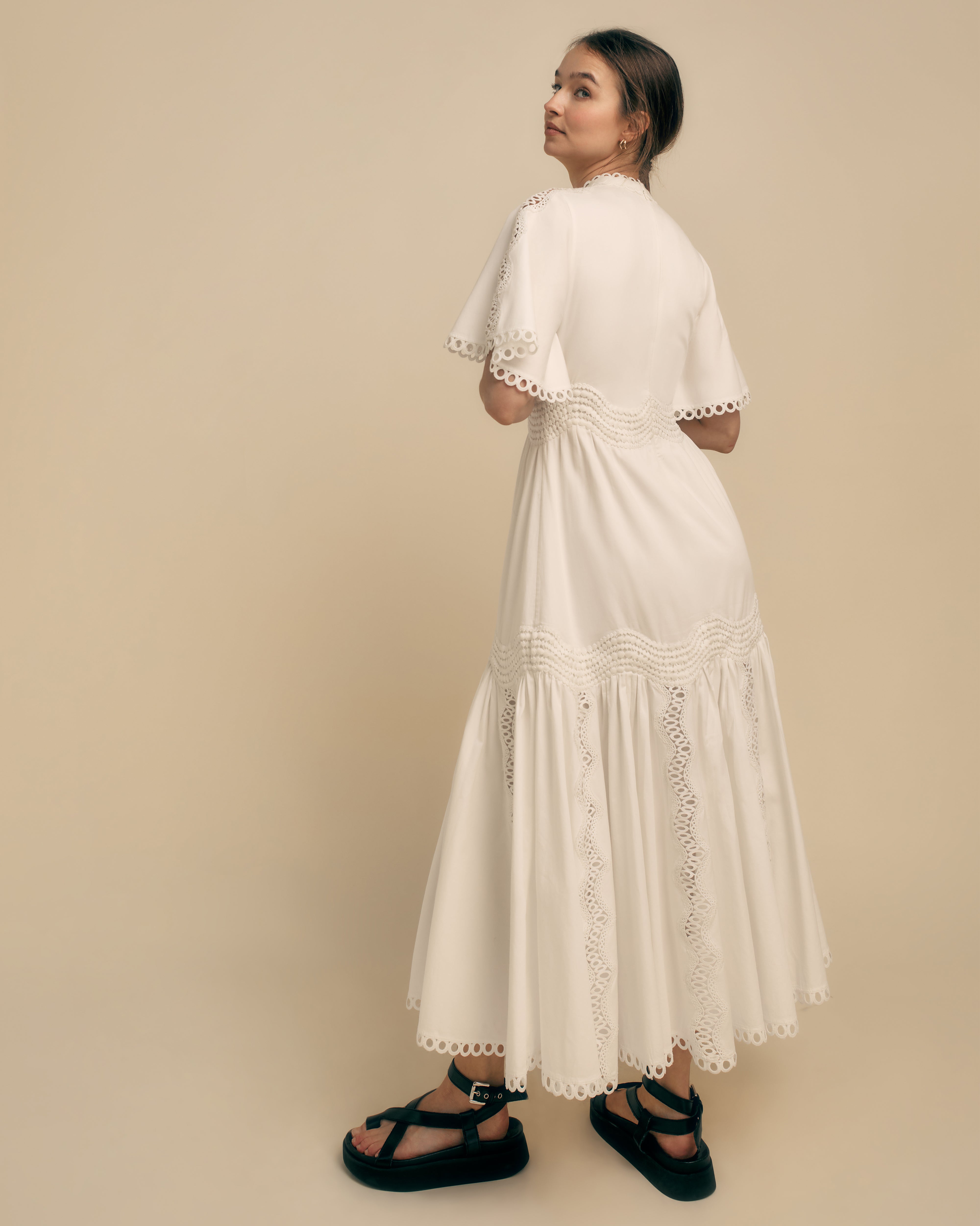 Crochet Lace Detail Cotton Midi Dress