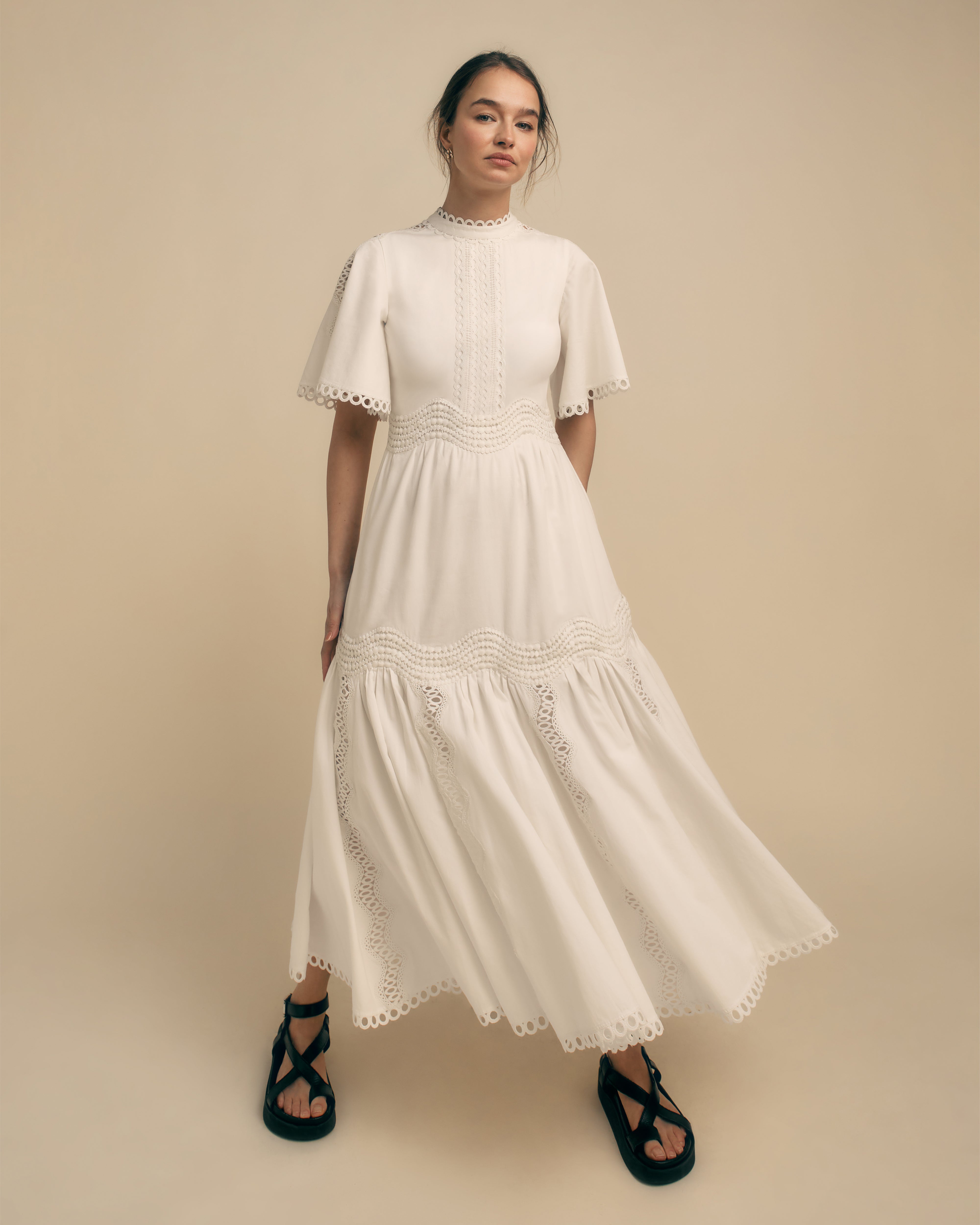 Crochet Lace Detail Cotton Midi Dress