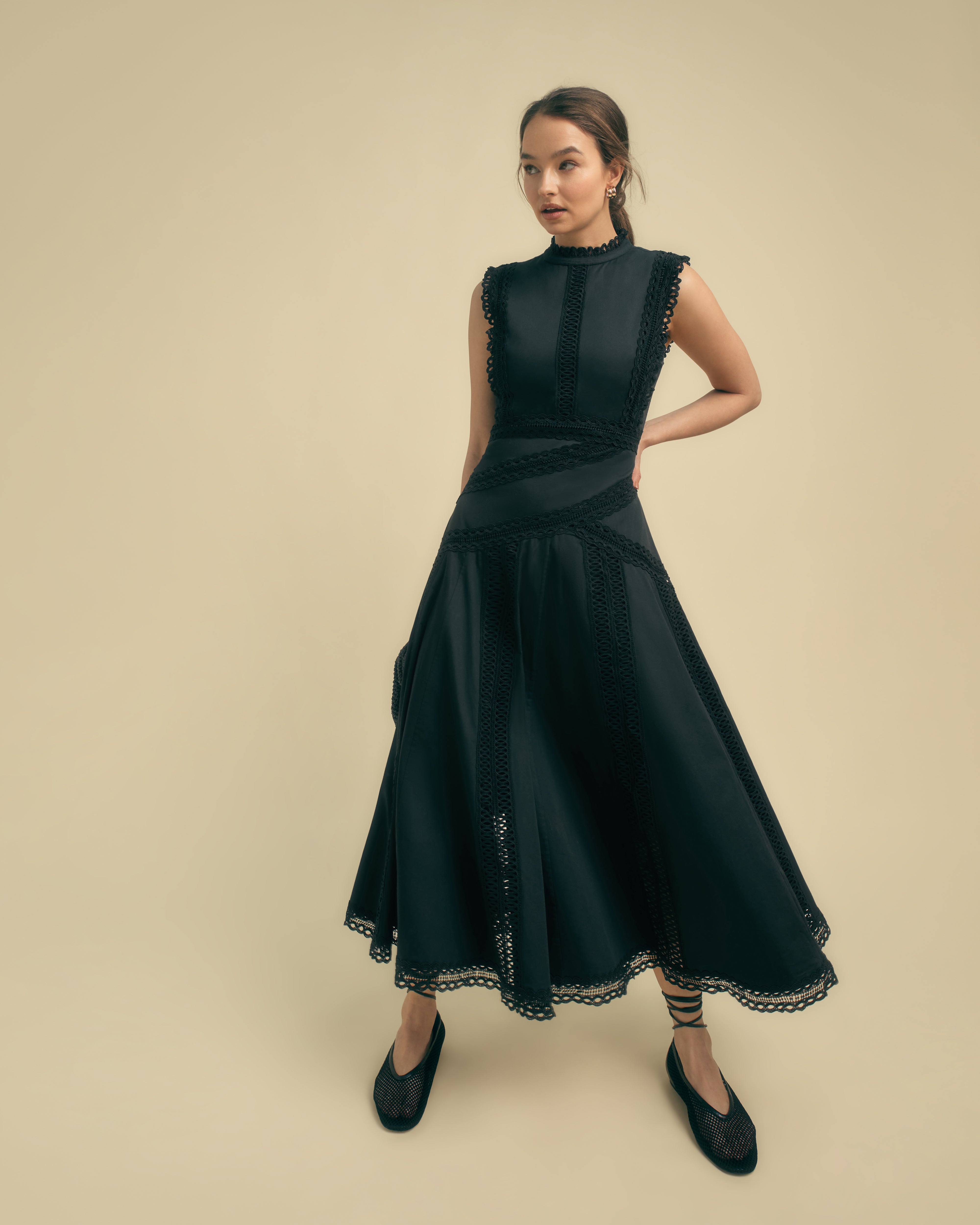 FLORERE black Lace crochet Detail Cotton Midi Dress Florere FLORERE black Lace crochet Detail Cotton Midi Dress Florere