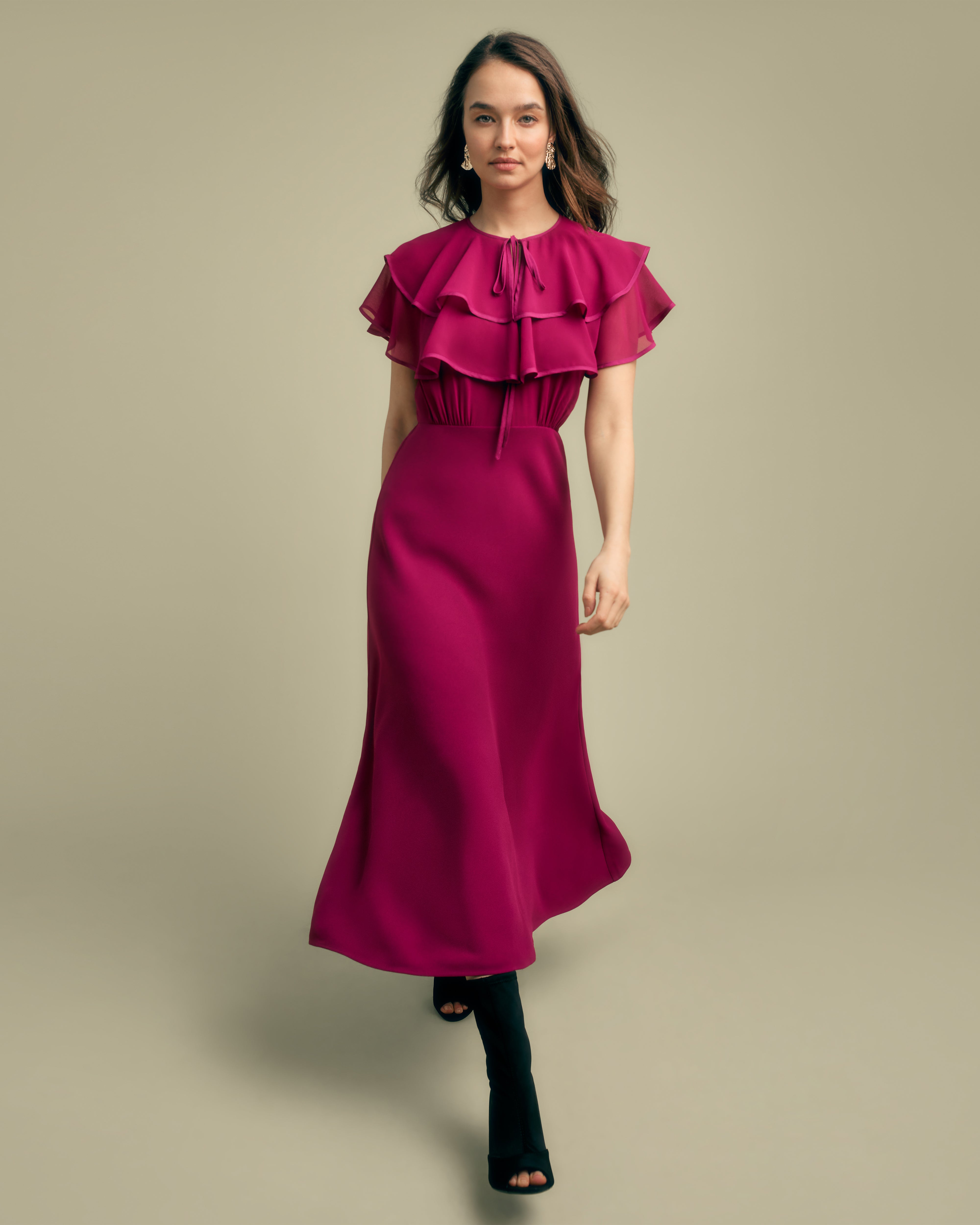 Florere Ruffle High Neck Line Midi Tea Dress magenta pink