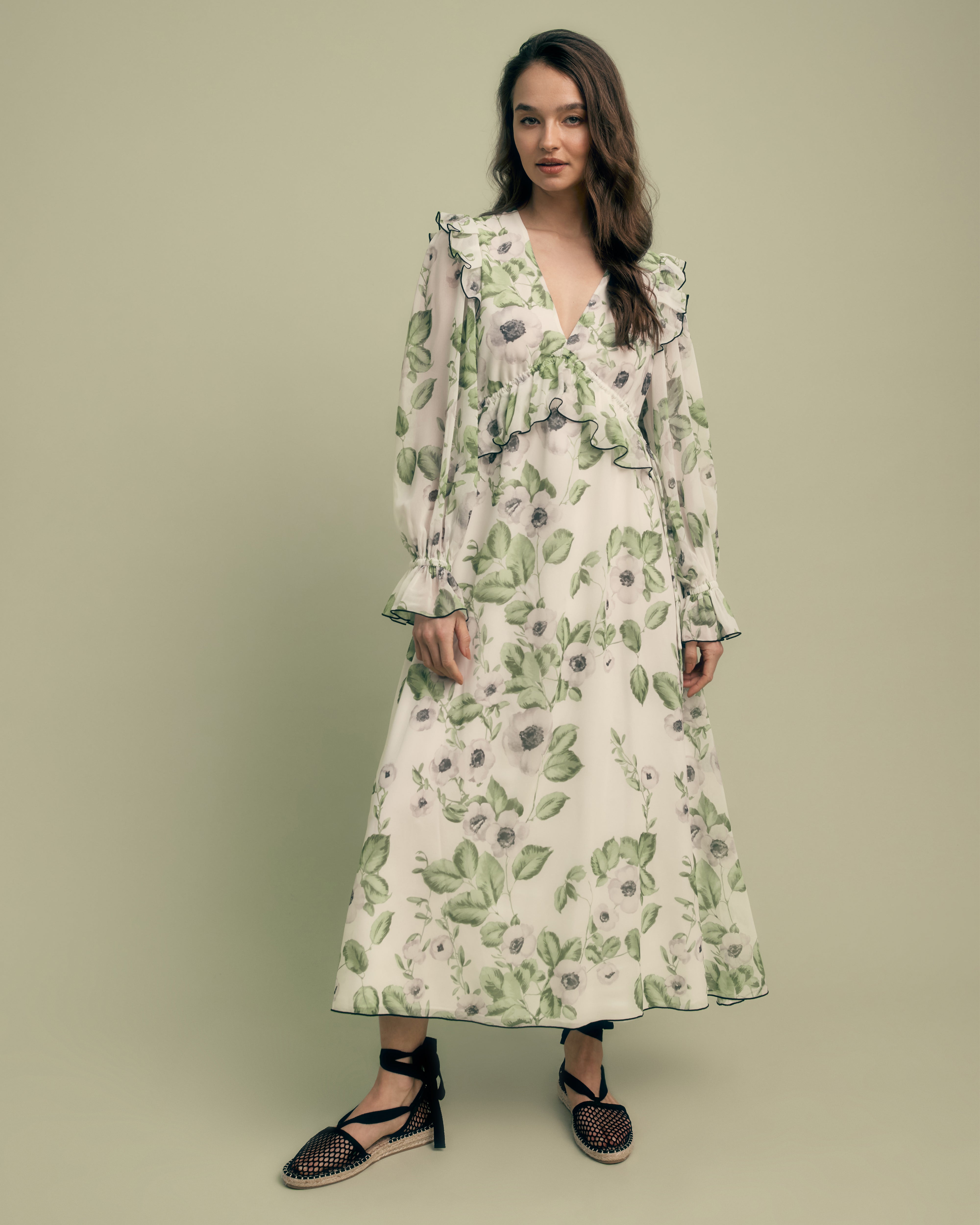 Long Sleeve Ruffle Floral Midi Dress