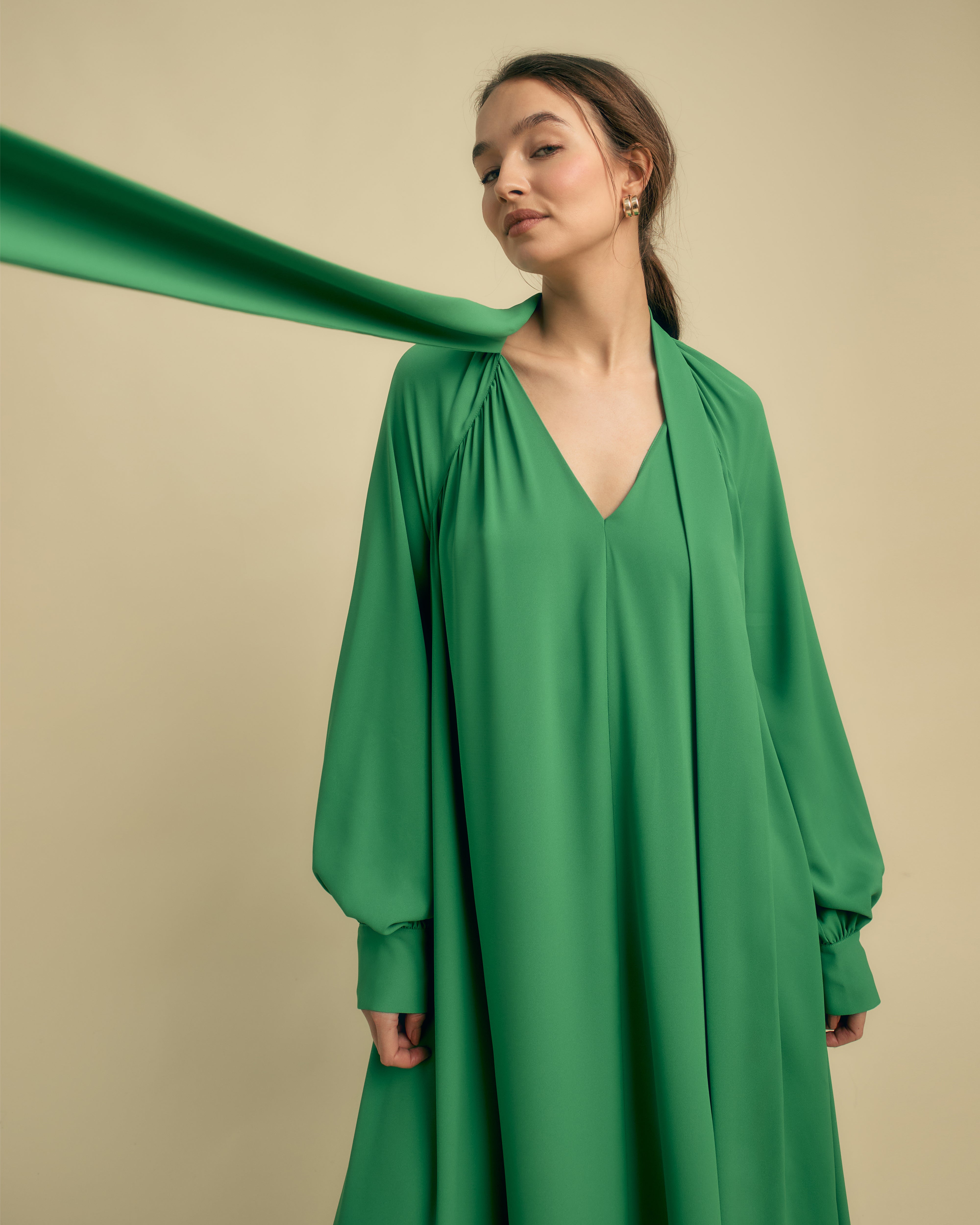 Long Sleeve Tie Neck Midi Dress