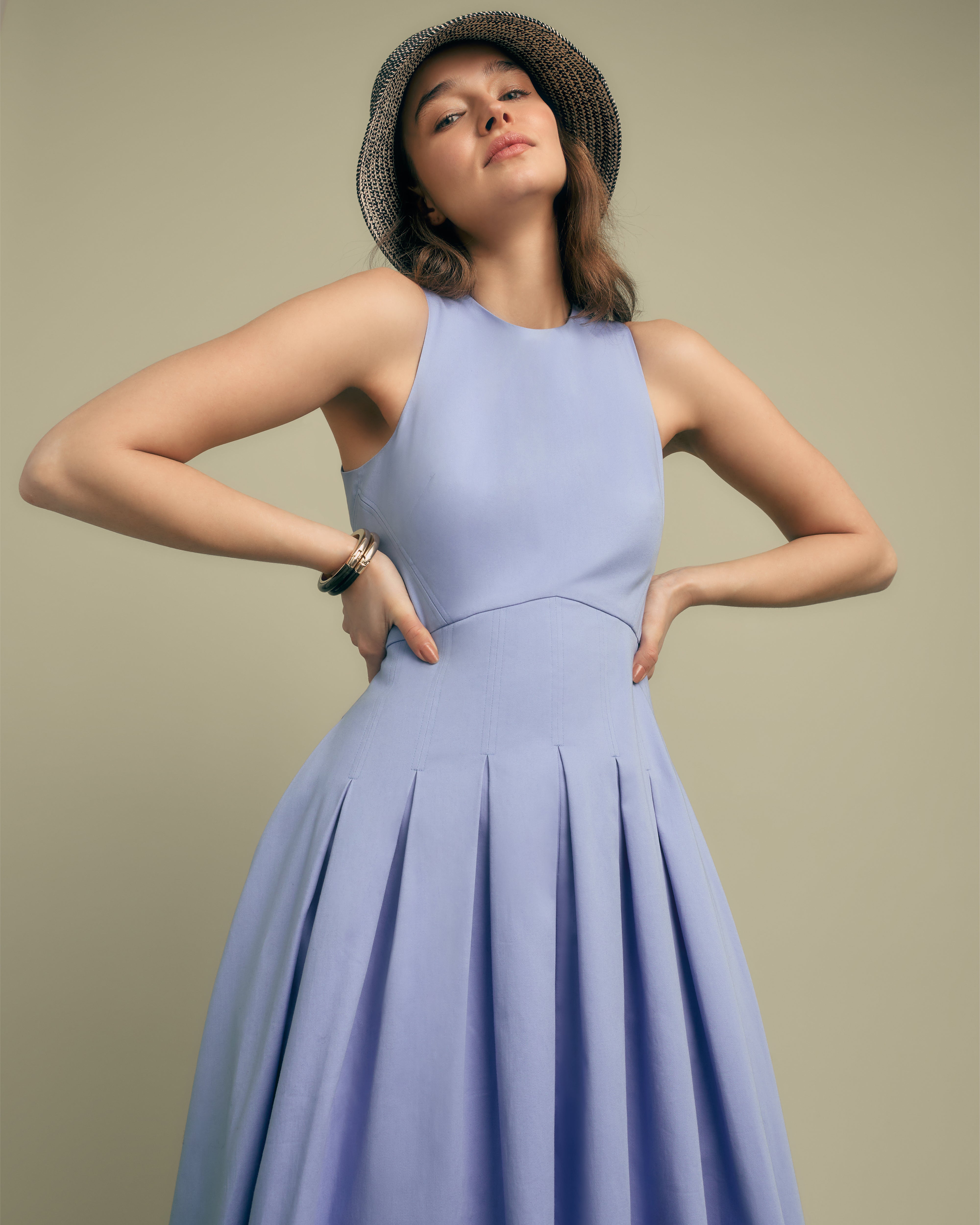 Seam Detail Sleeveless Cotton Midi Dress blue