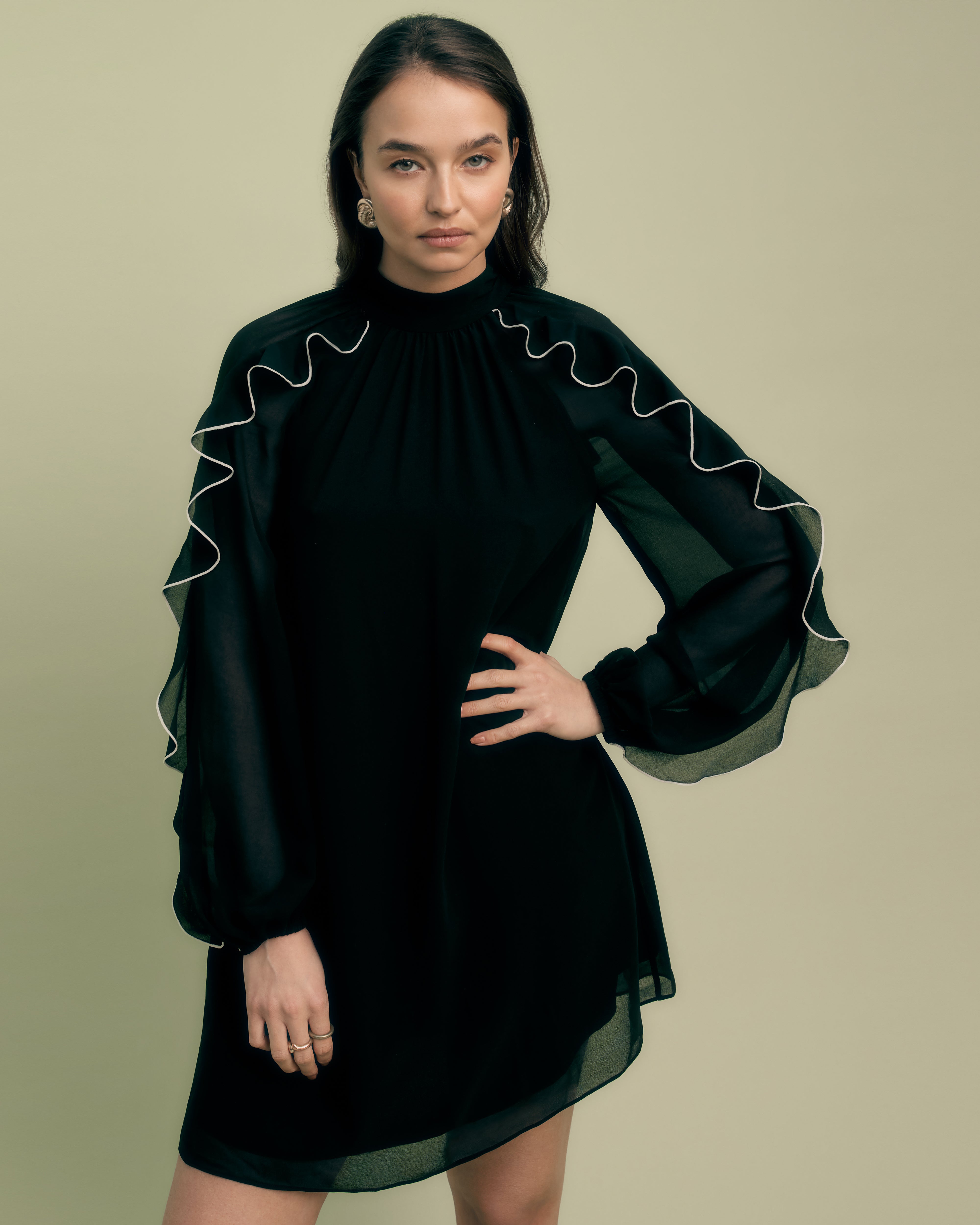 FLORERE Contrast Ruffle Long Sleeve black Mini Dress  Florere