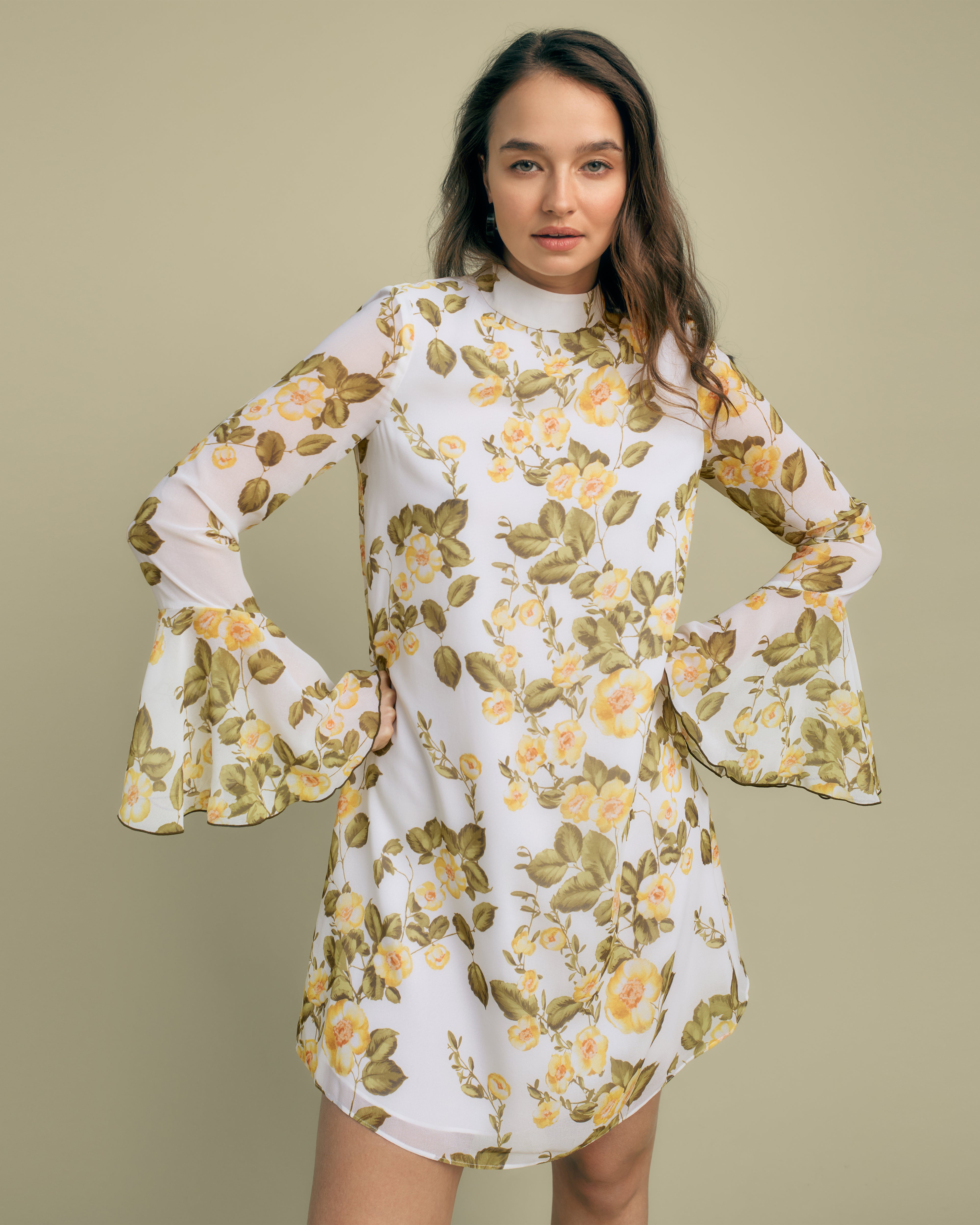 Florere High Neck Tiered Sleeve Floral Print Mini Dress