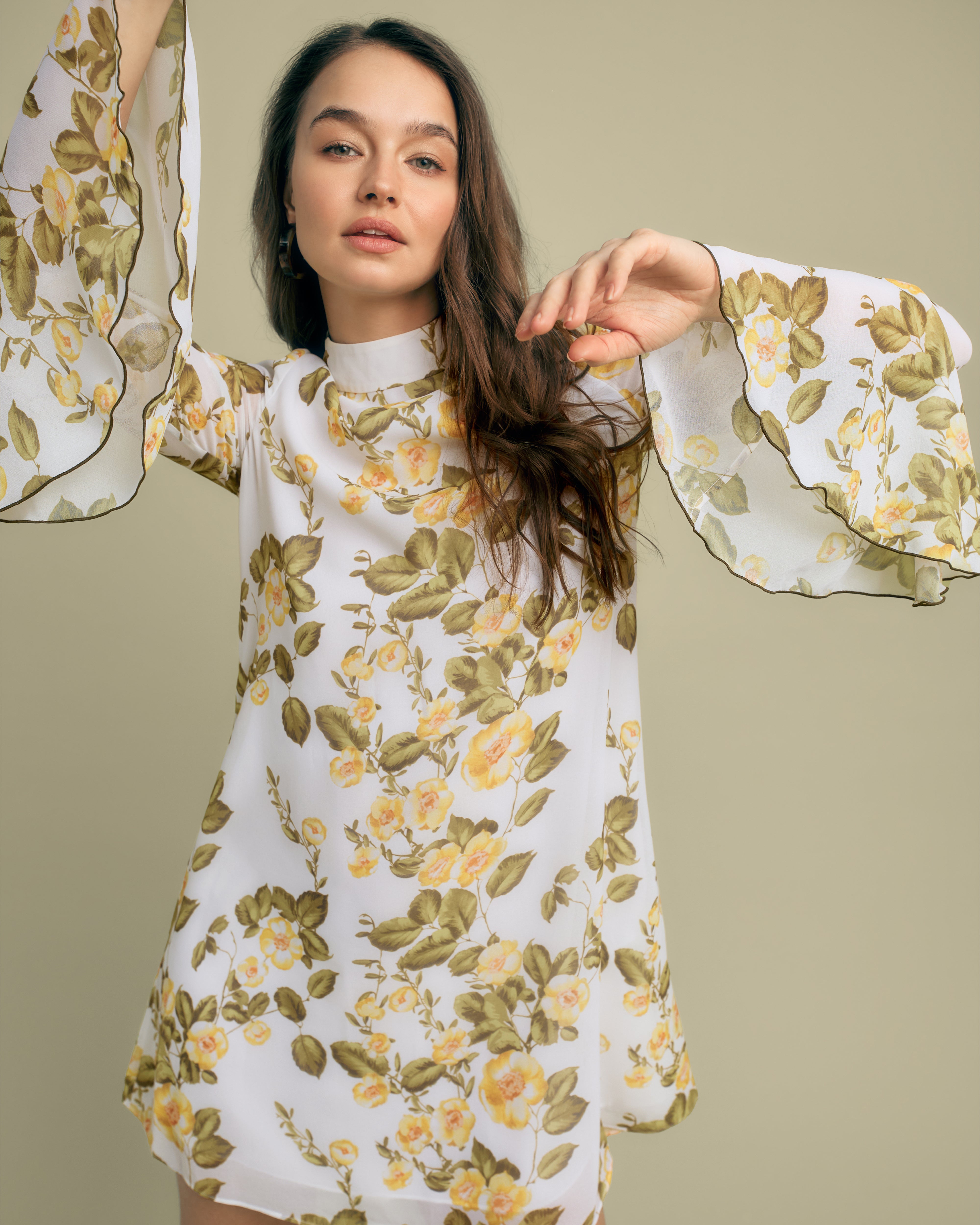 Florere High Neck Tiered Sleeve Floral Print Mini Dress