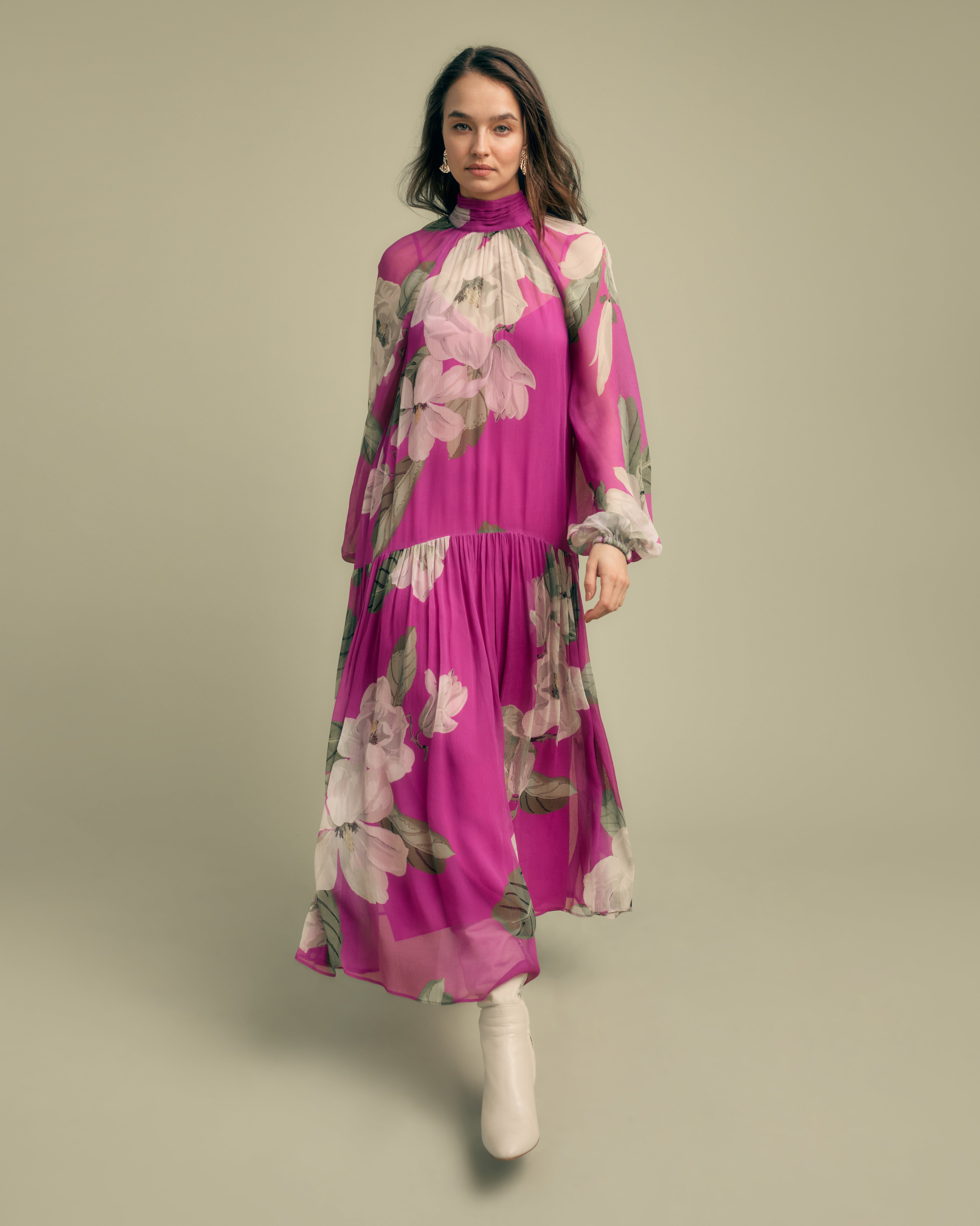 Florere Tiered High Neck Long Sleeve Midi Dress Florere Tiered High Neck Long Sleeve Midi Dress