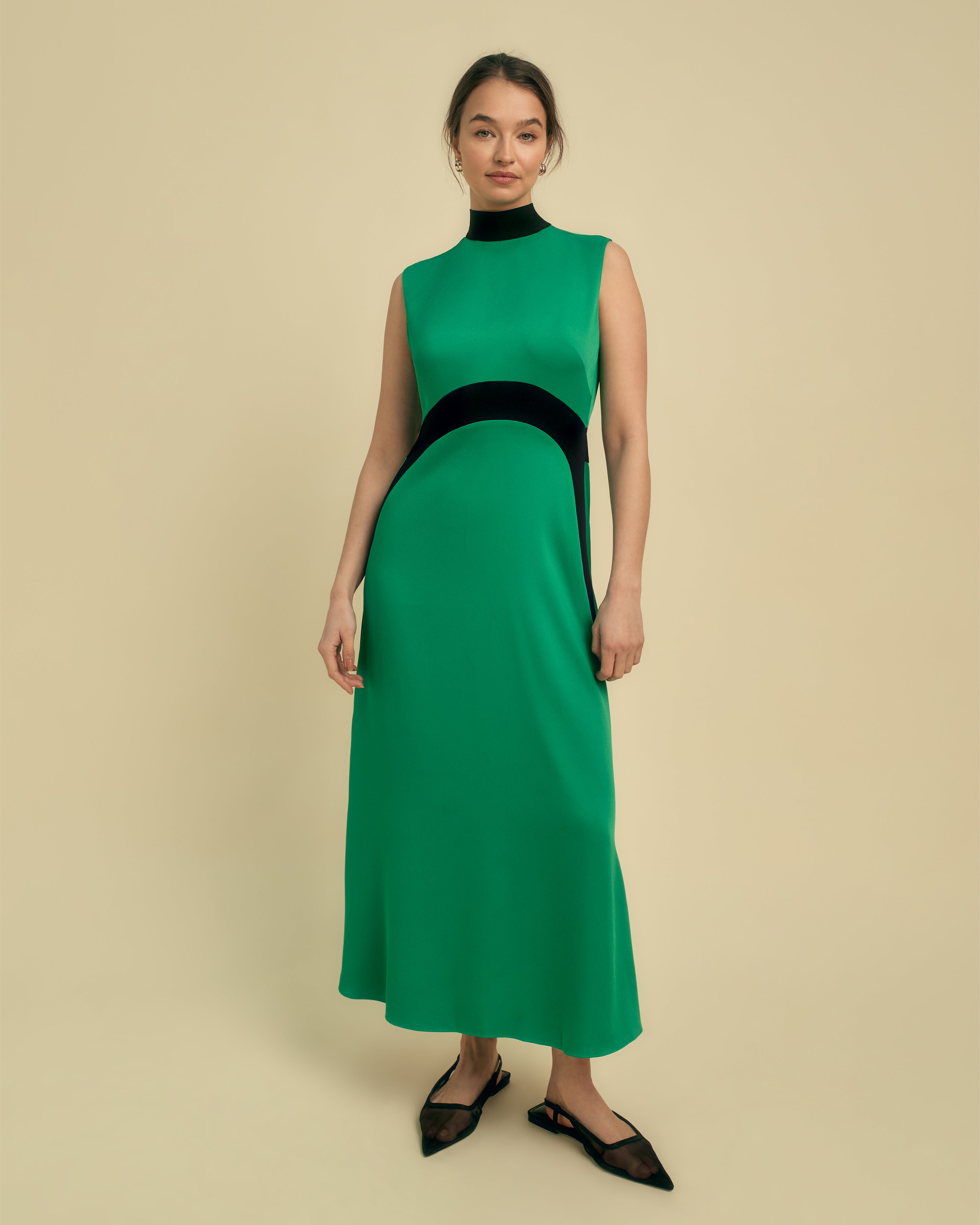 knee length dresses for ladies FLORERE Knit And Woven Mix Colourblock Midi Dress green and black hybrid –  Florere