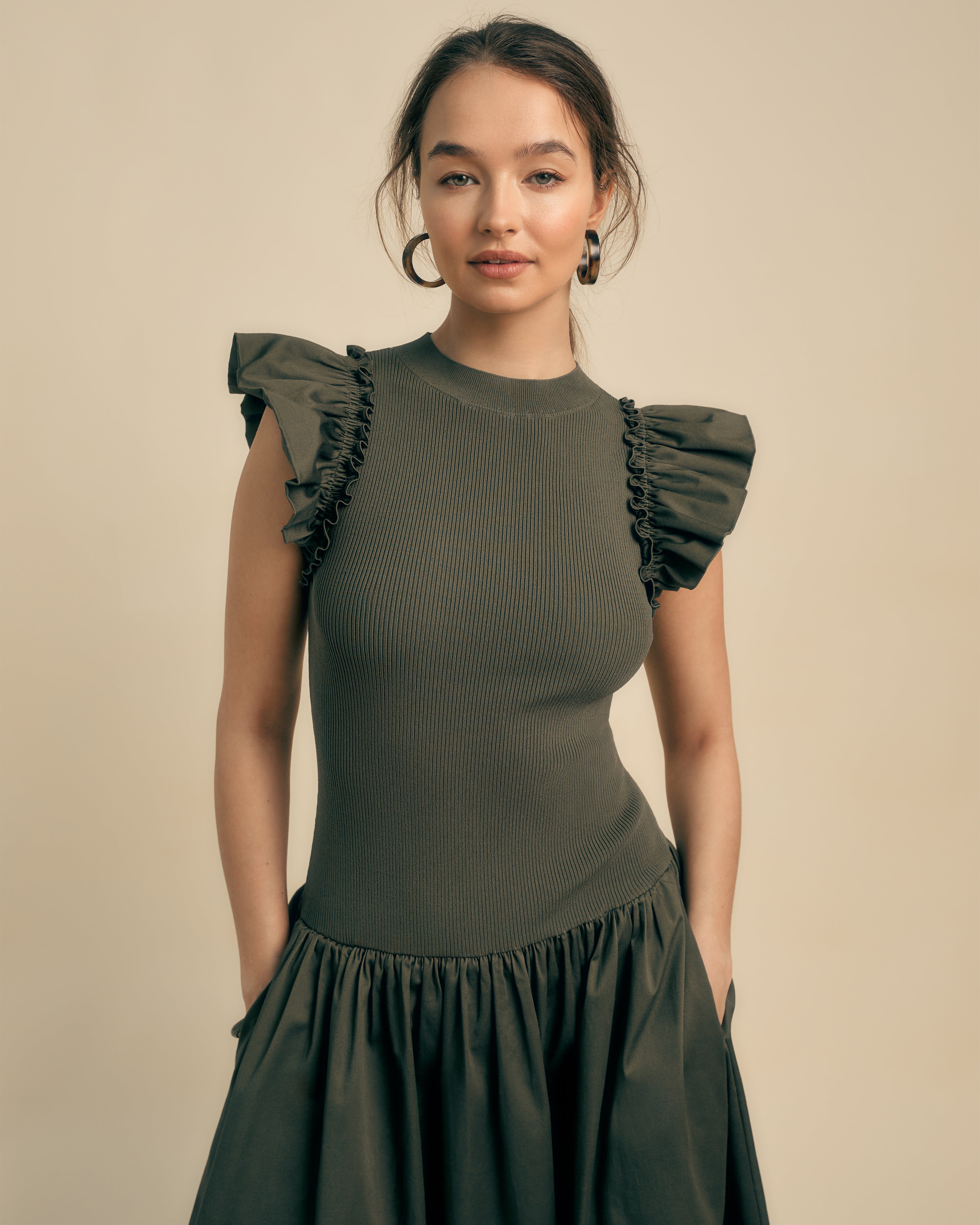 FLORERE Knit And Cotton Mix Ruffle Sleeve Midi Dress khaki hybrid Florere FLORERE Knit And Cotton Mix Ruffle Sleeve Midi Dress khaki hybrid Florere