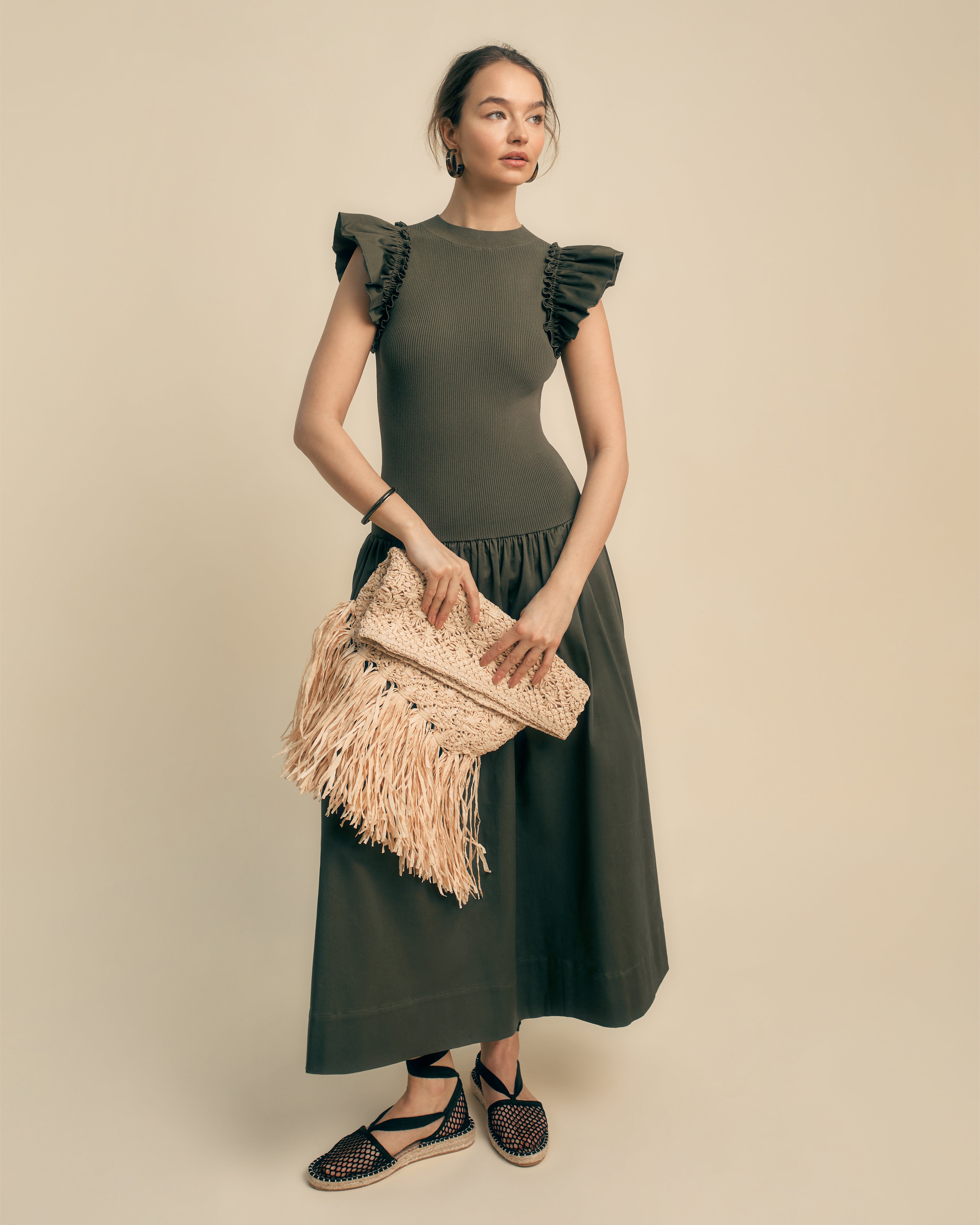 Florere Knit And Cotton Mix Ruffle Sleeve Midi Dress