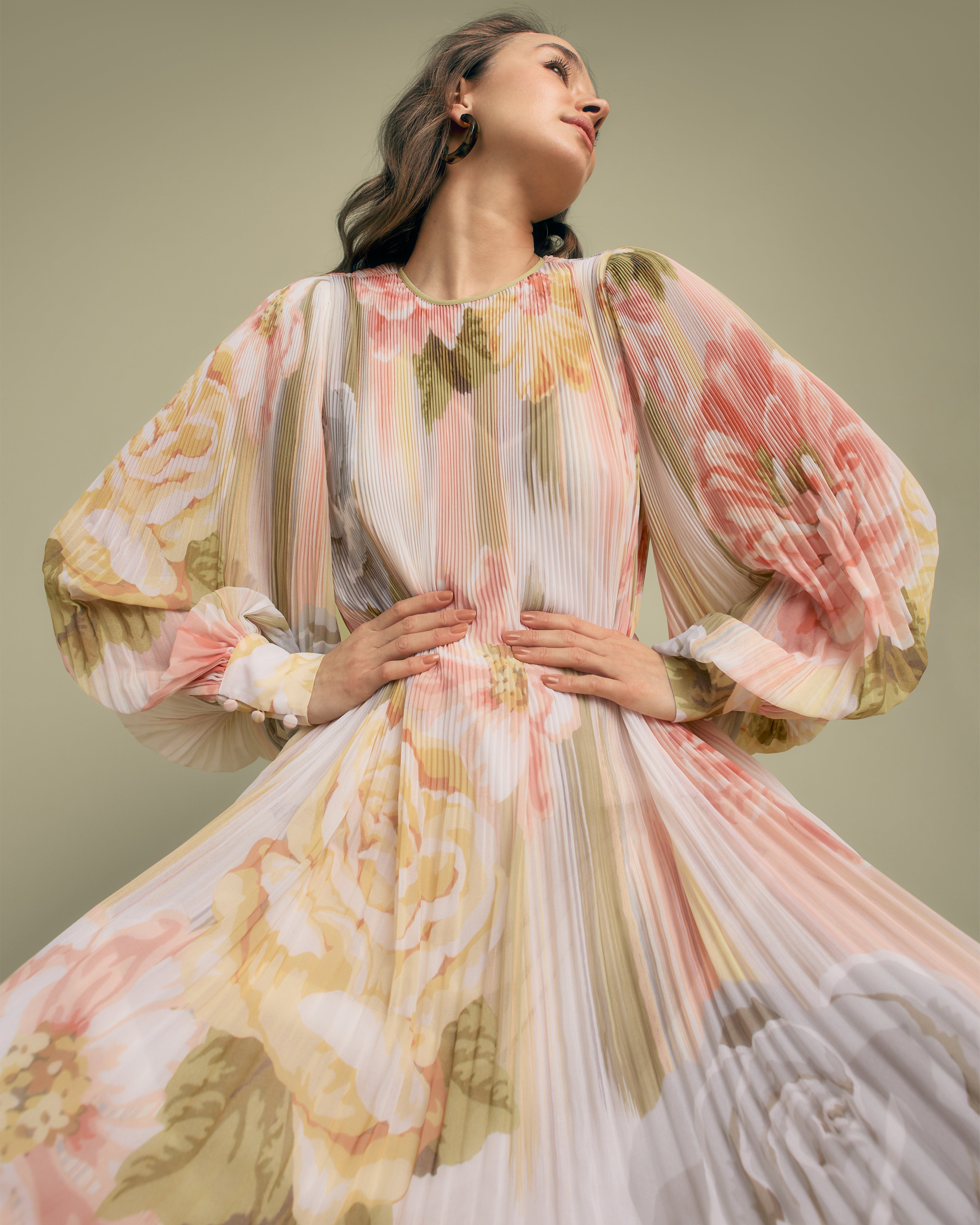 Florere Floral Print Pleated Midi Dress With Tie Back