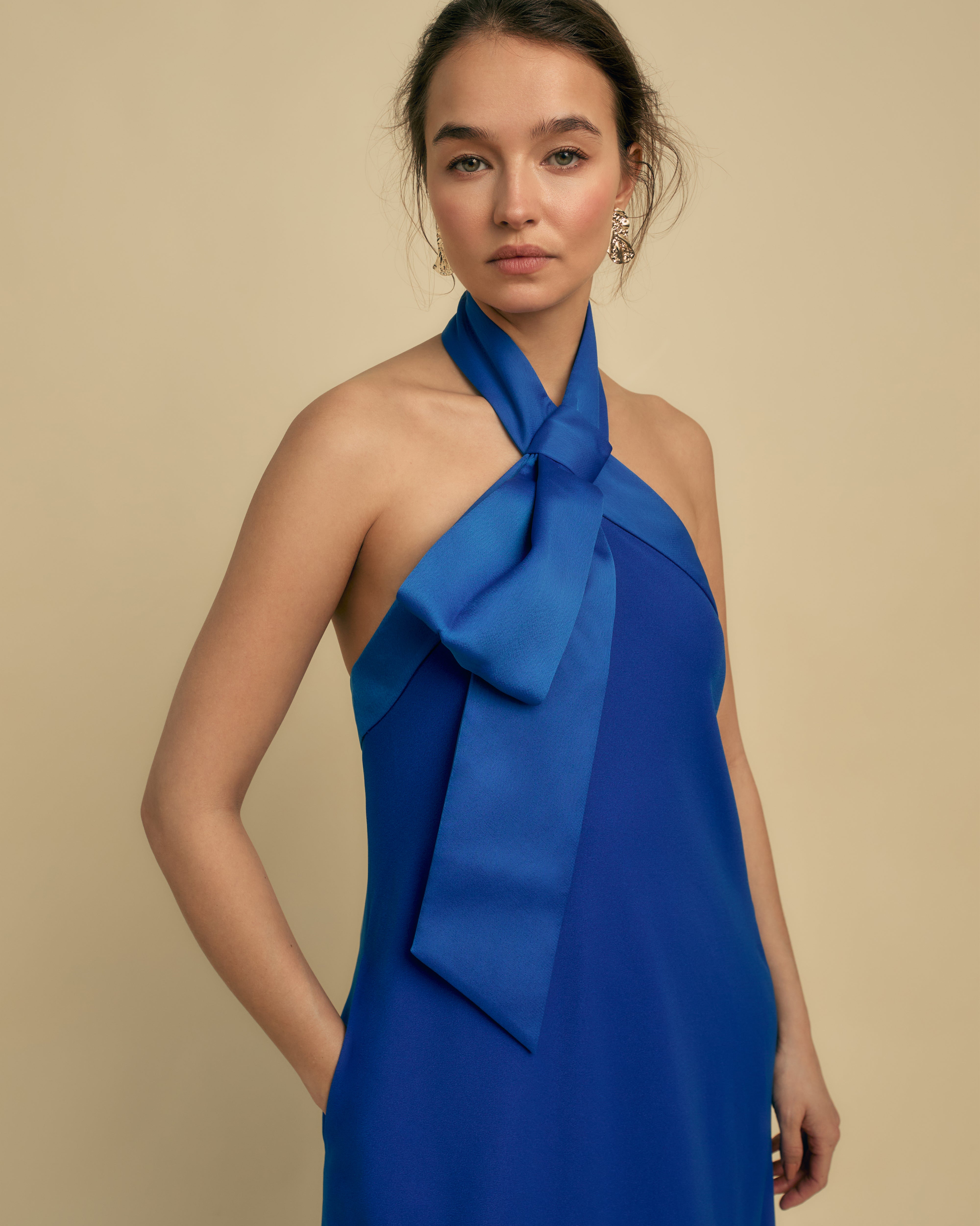 Florere Bow Detail Halterneck occasionwear Maxi Dress blue