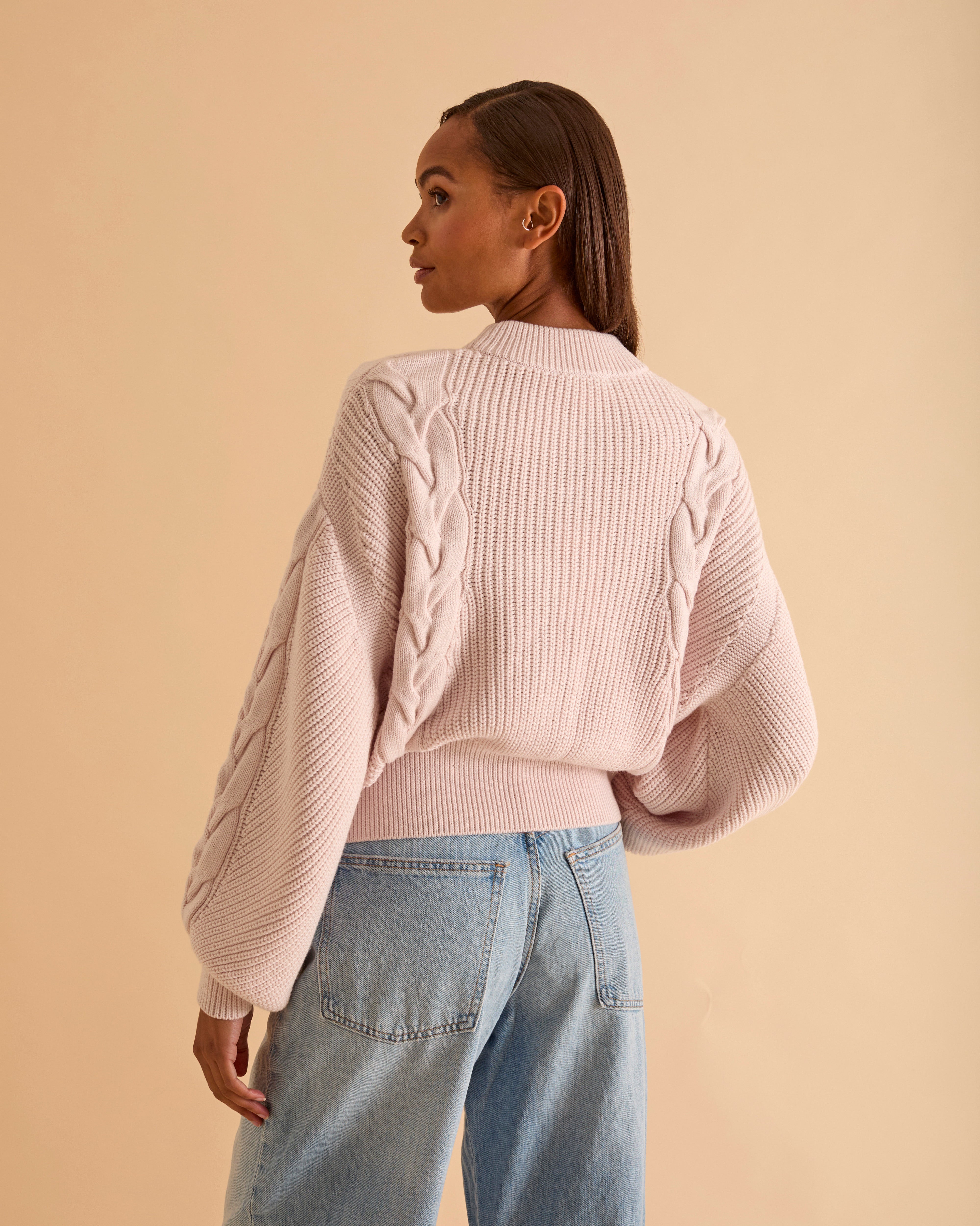 Wool Blend Cable Detail Blouson Sleeve Jumper