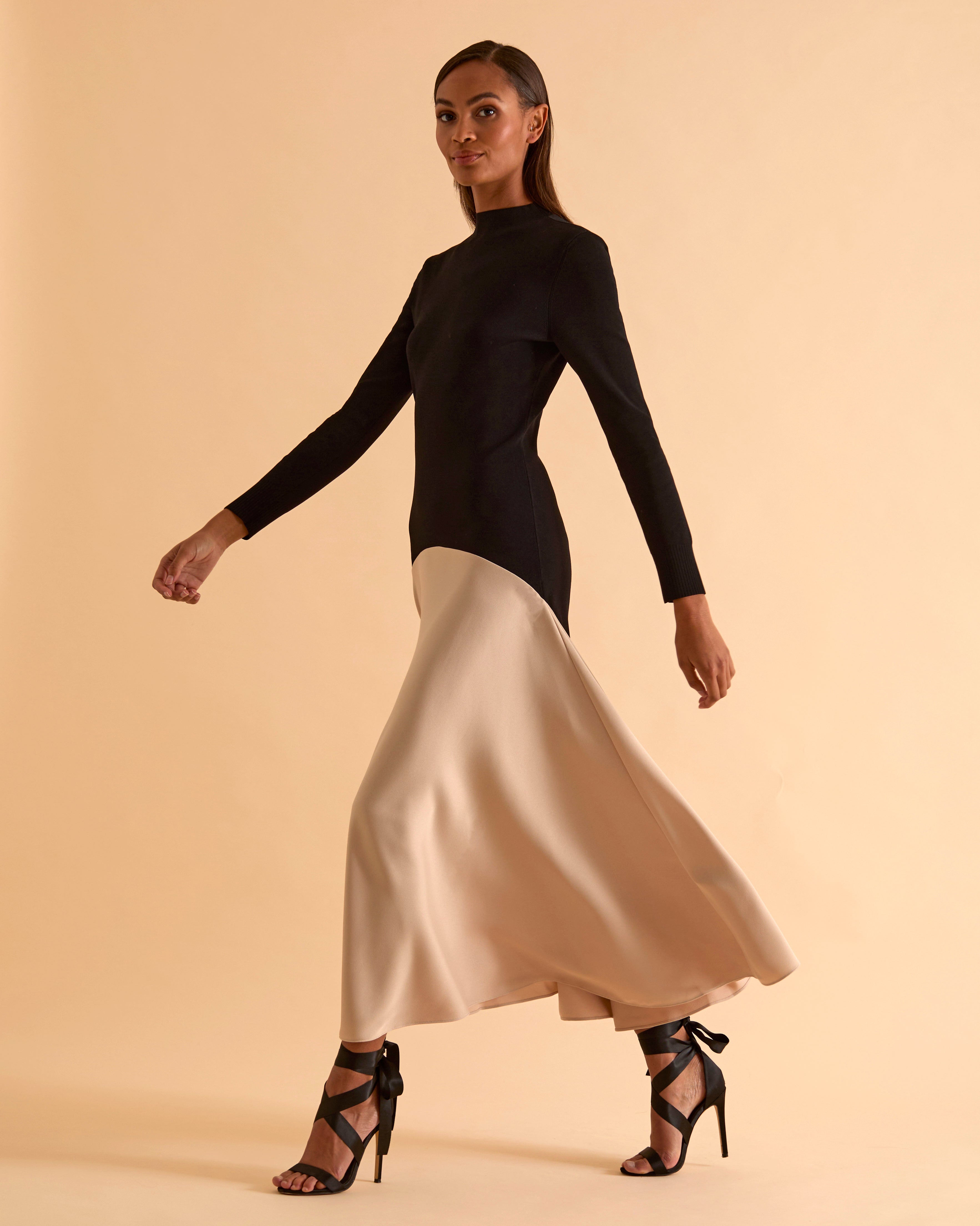 Acacia Hybrid Knit Satin Colourblock Midi Dress – Florere