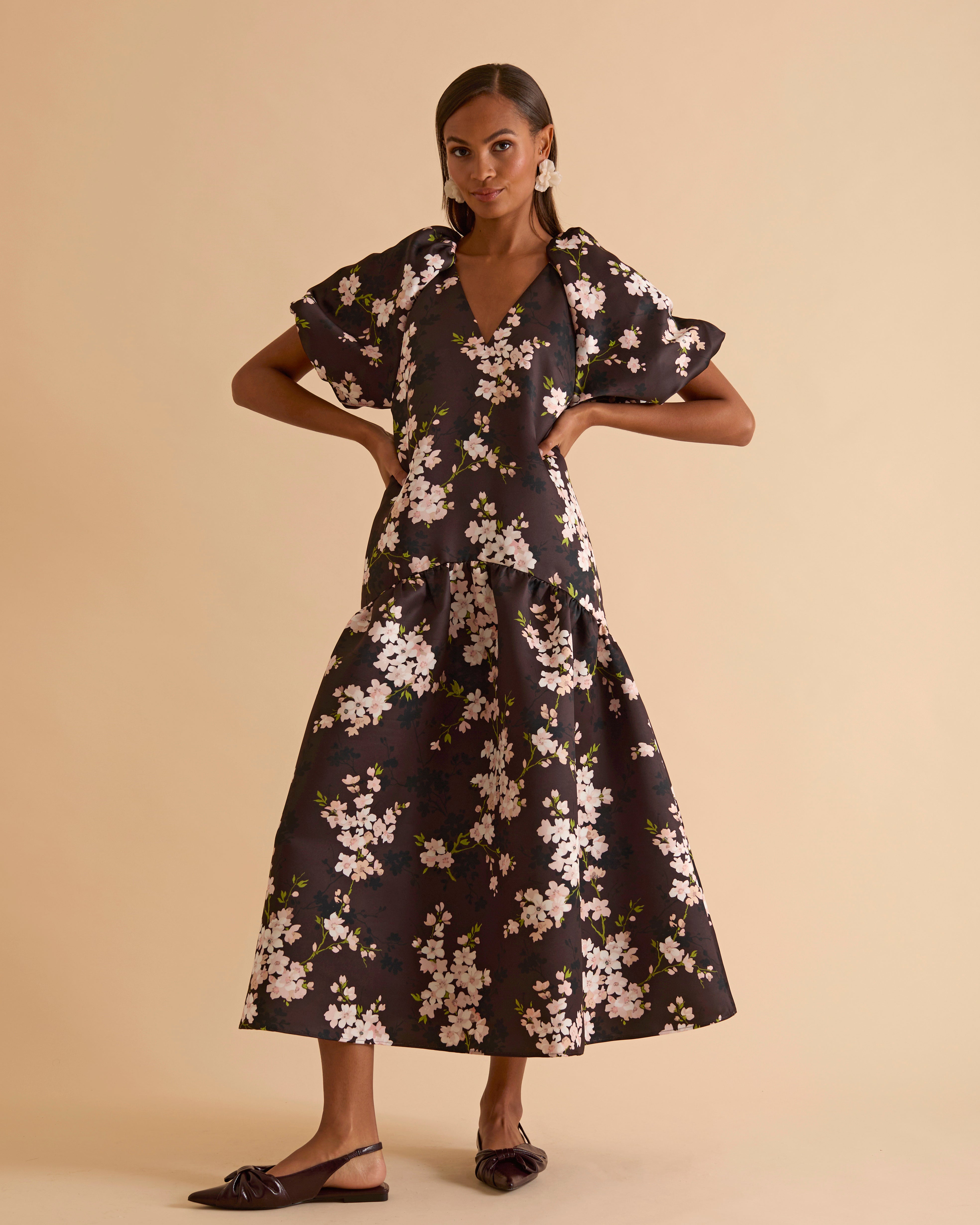 Puff Sleeve Tiered Midi Dress Florere Puff Sleeve Tiered Midi Dress Florere