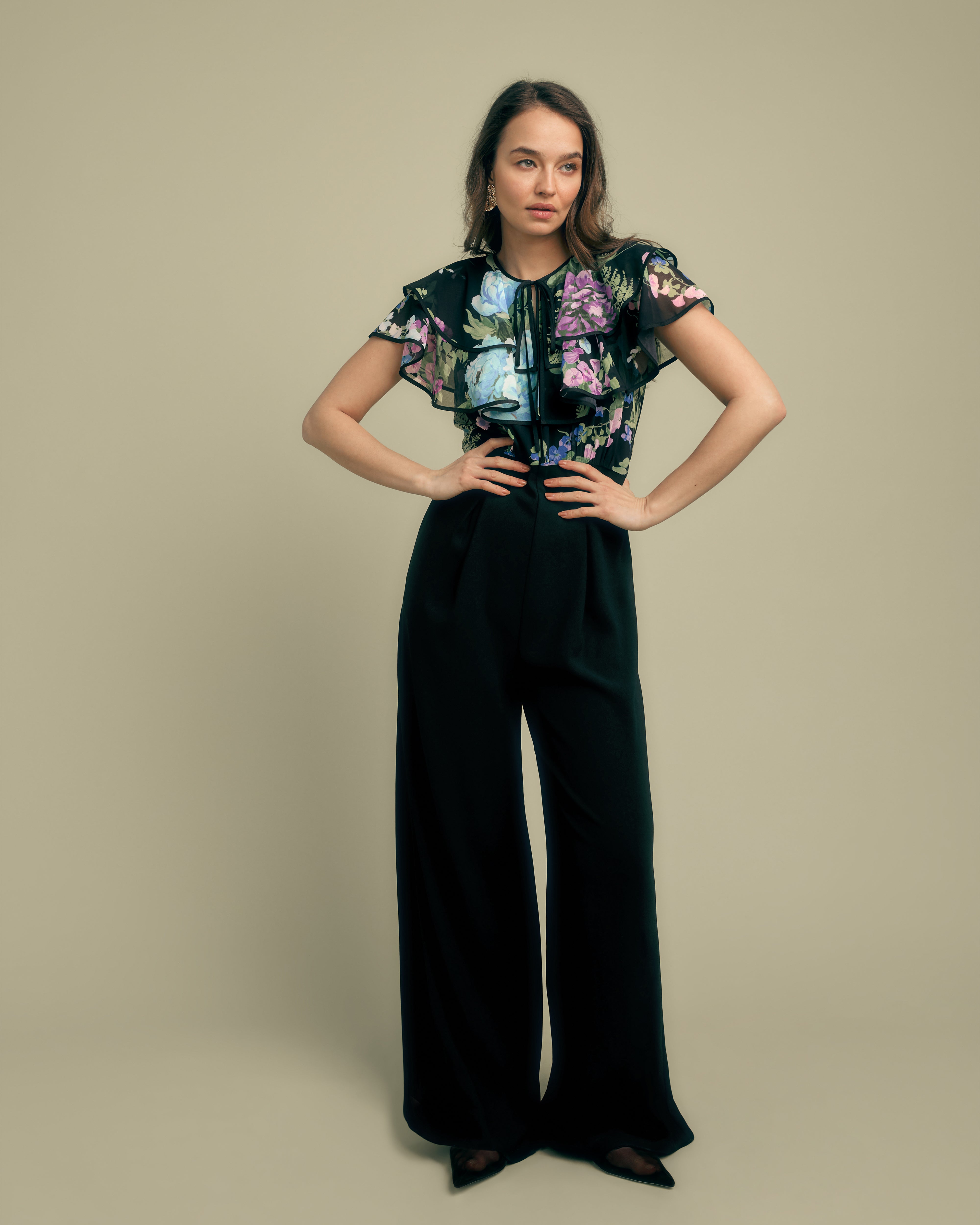 Florere Ruffle Collared Wide Leg Jumpsuit floral printed
