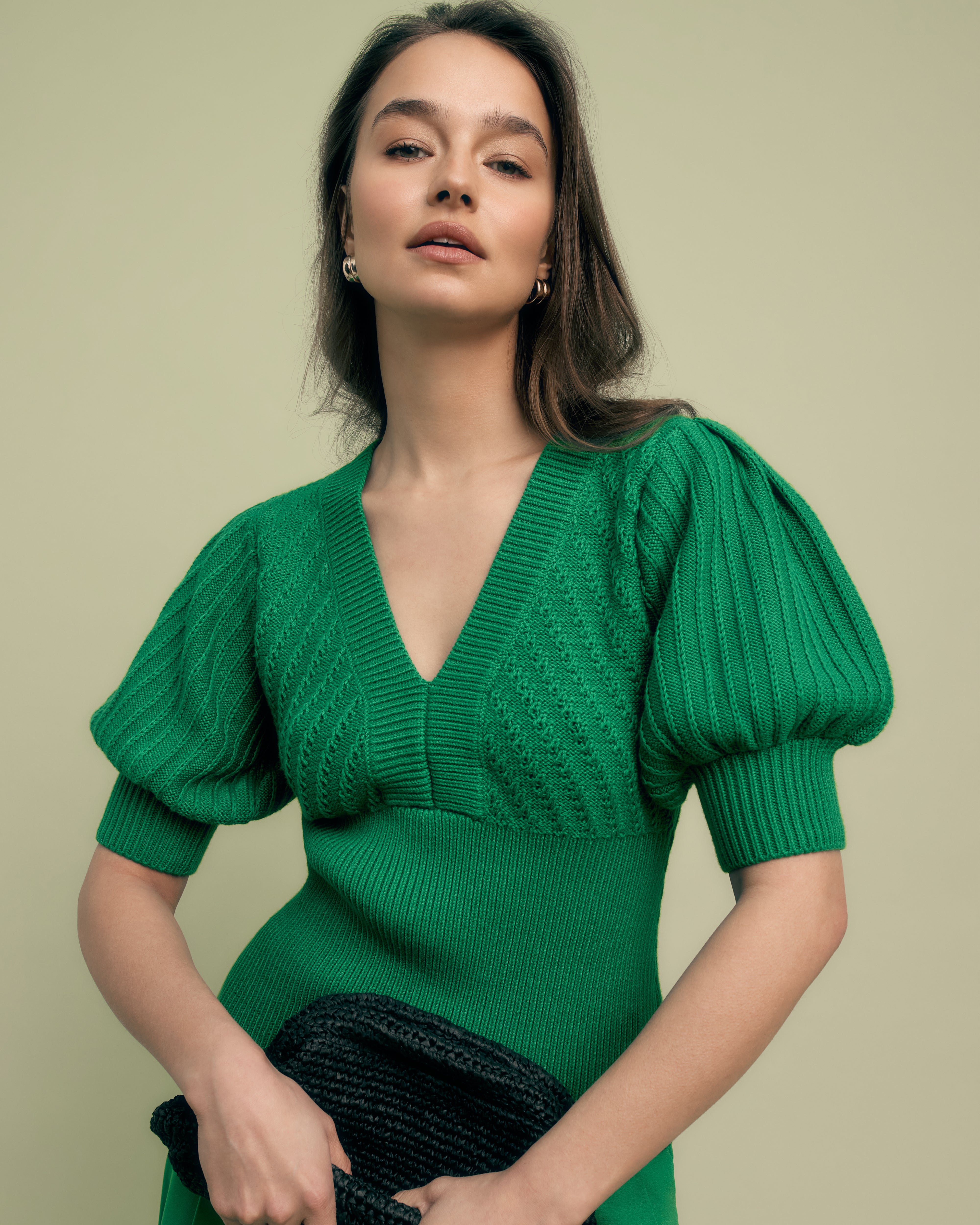 Florere cotton knitted top with puff sleeves and rib hem