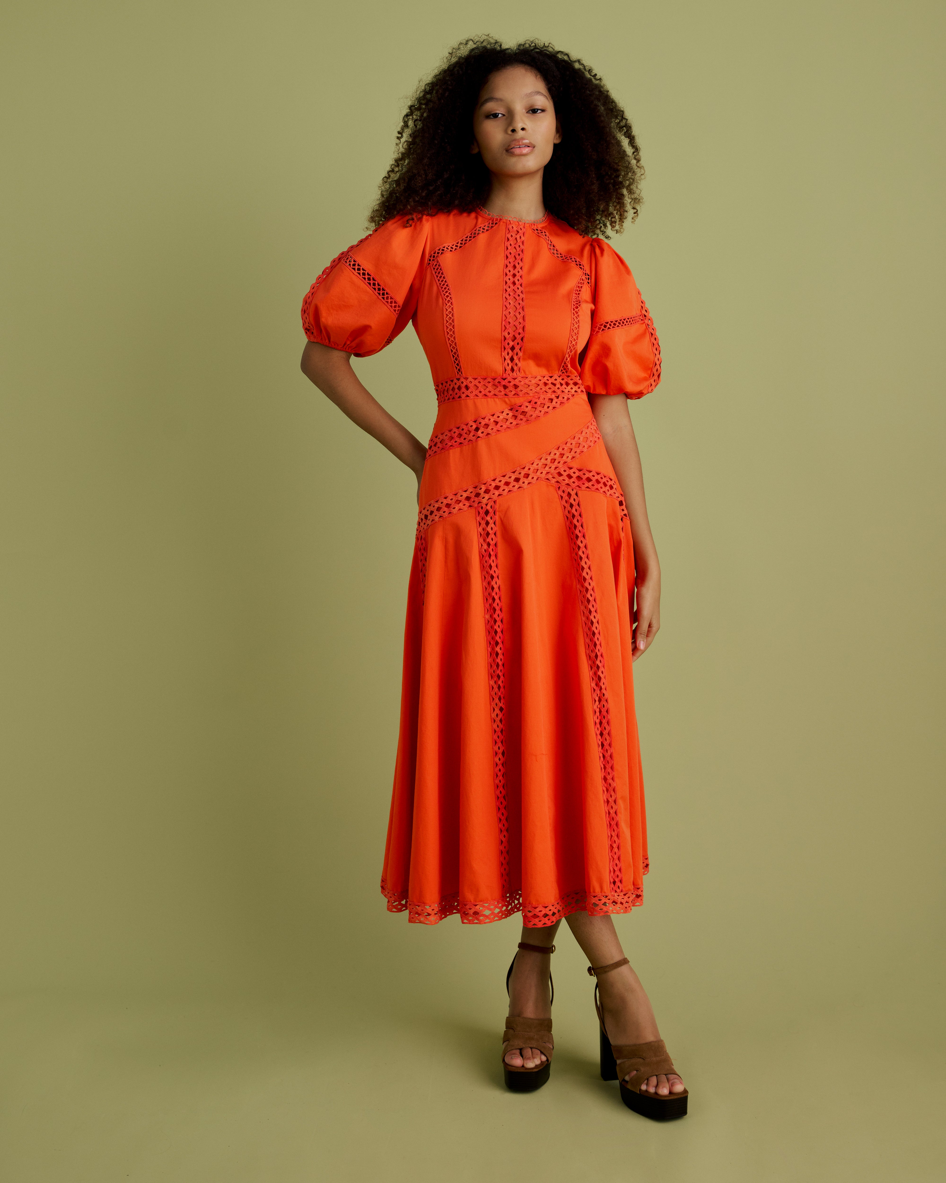 open lace back dress Lace Detail Puff Sleeve Cotton Midi Dress – Florere