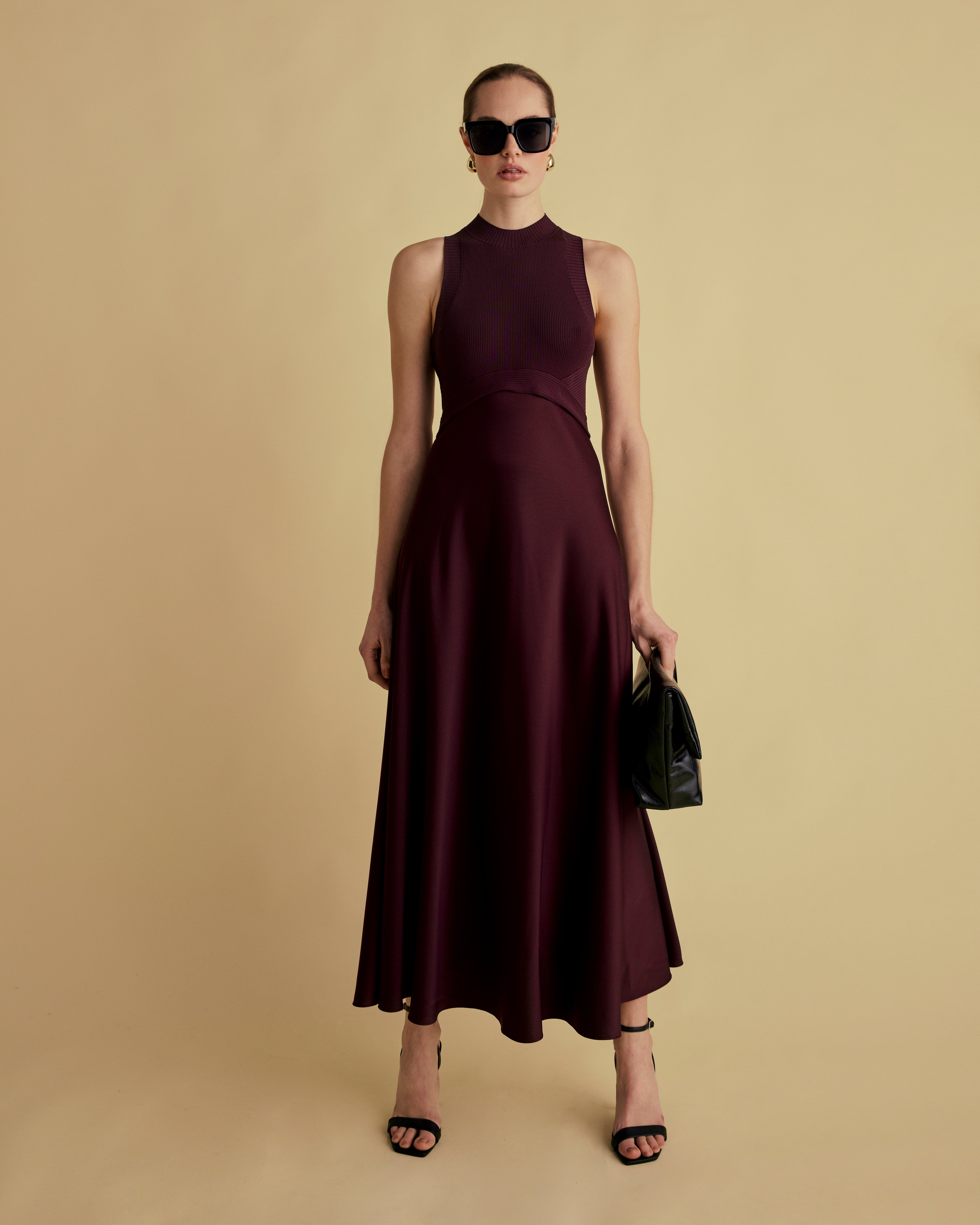 Rib Knit And Woven Mix Midi Dress  Florere