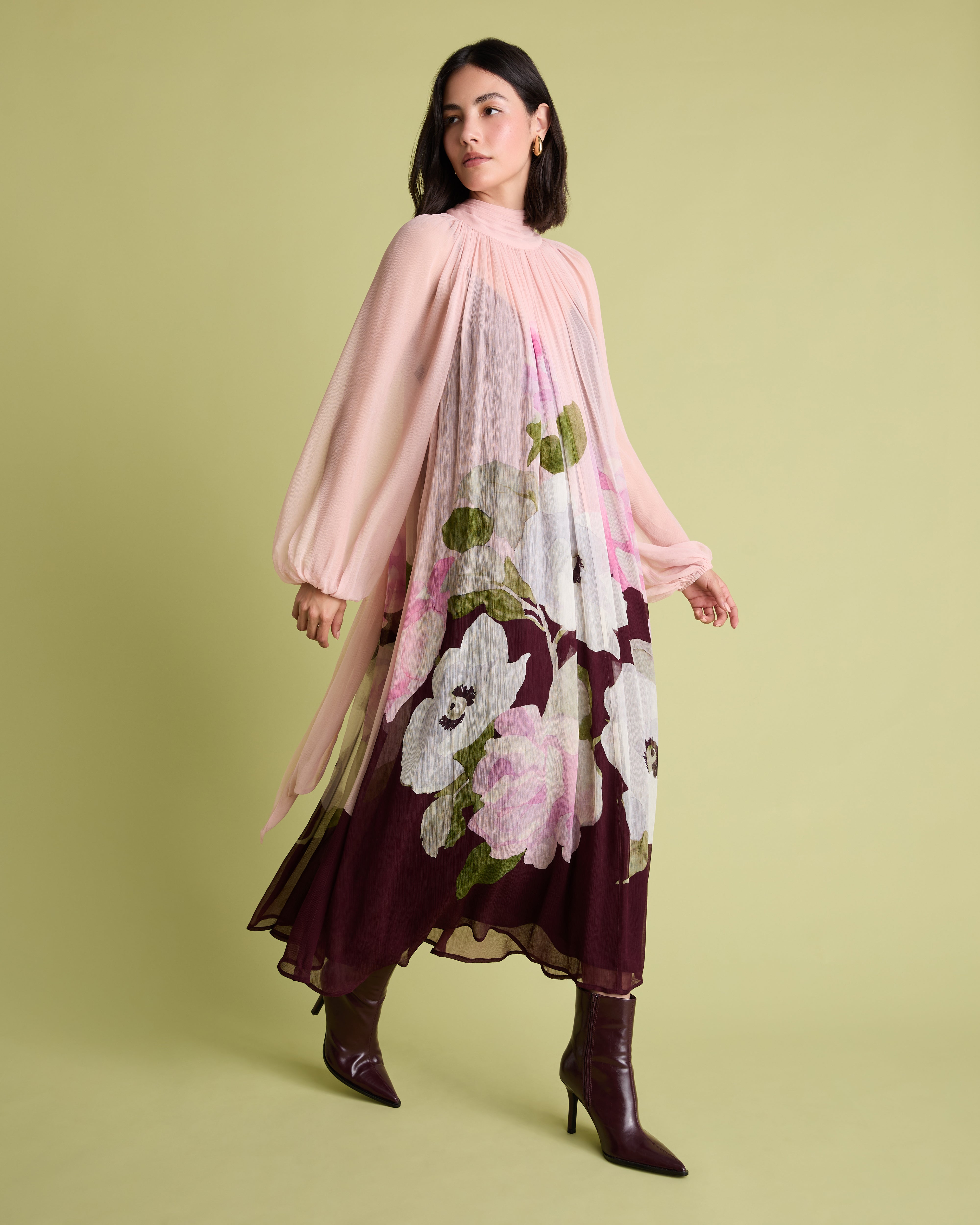 blouson sleeve midi dress Pink Floral – Florere with strappy metallic heeled turtleneck Color:Hot Pink Floral Women's Demios Dress in