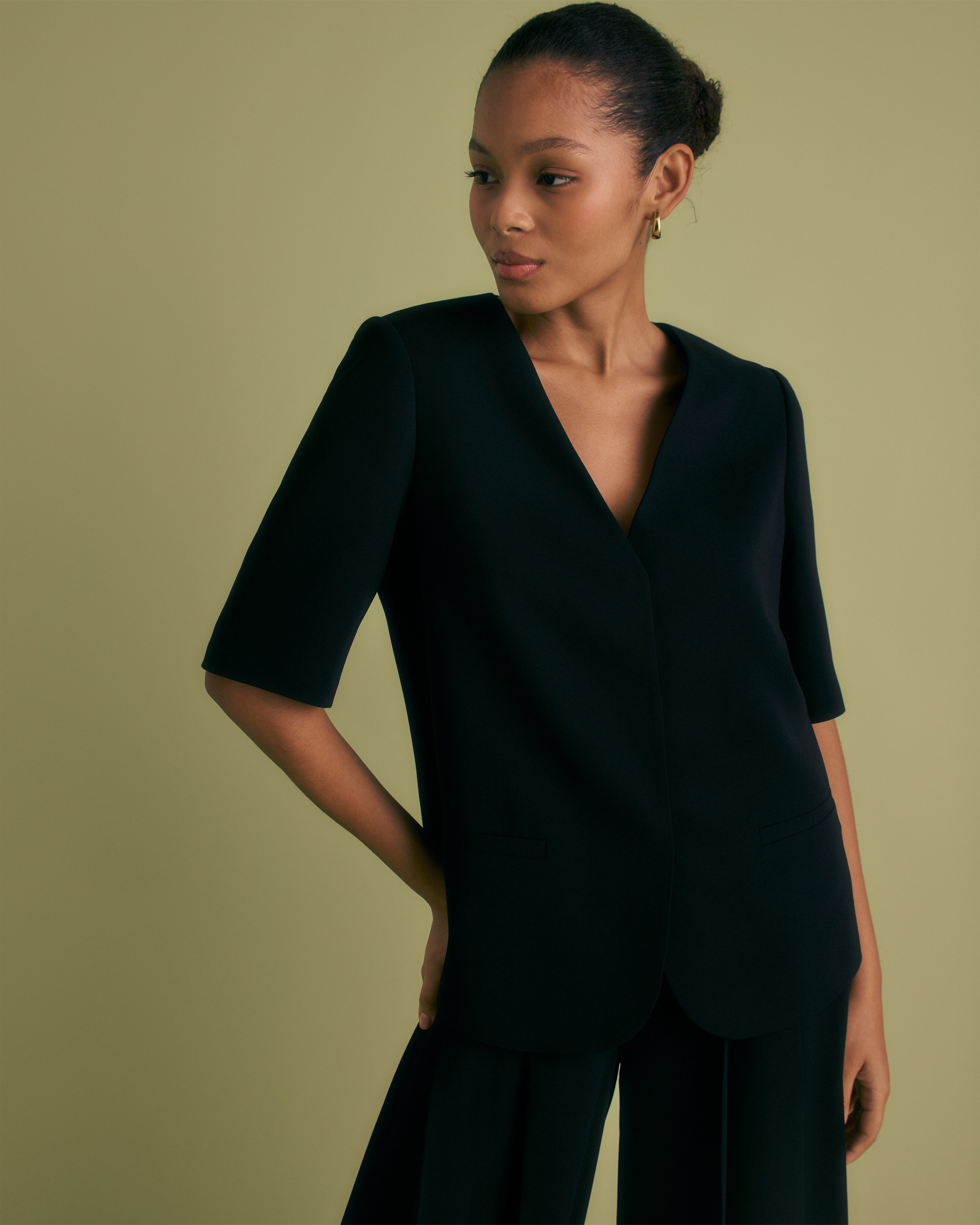 short sleeve jackets for dresses Black Woven Short Sleeve Plunge Blazer Dress