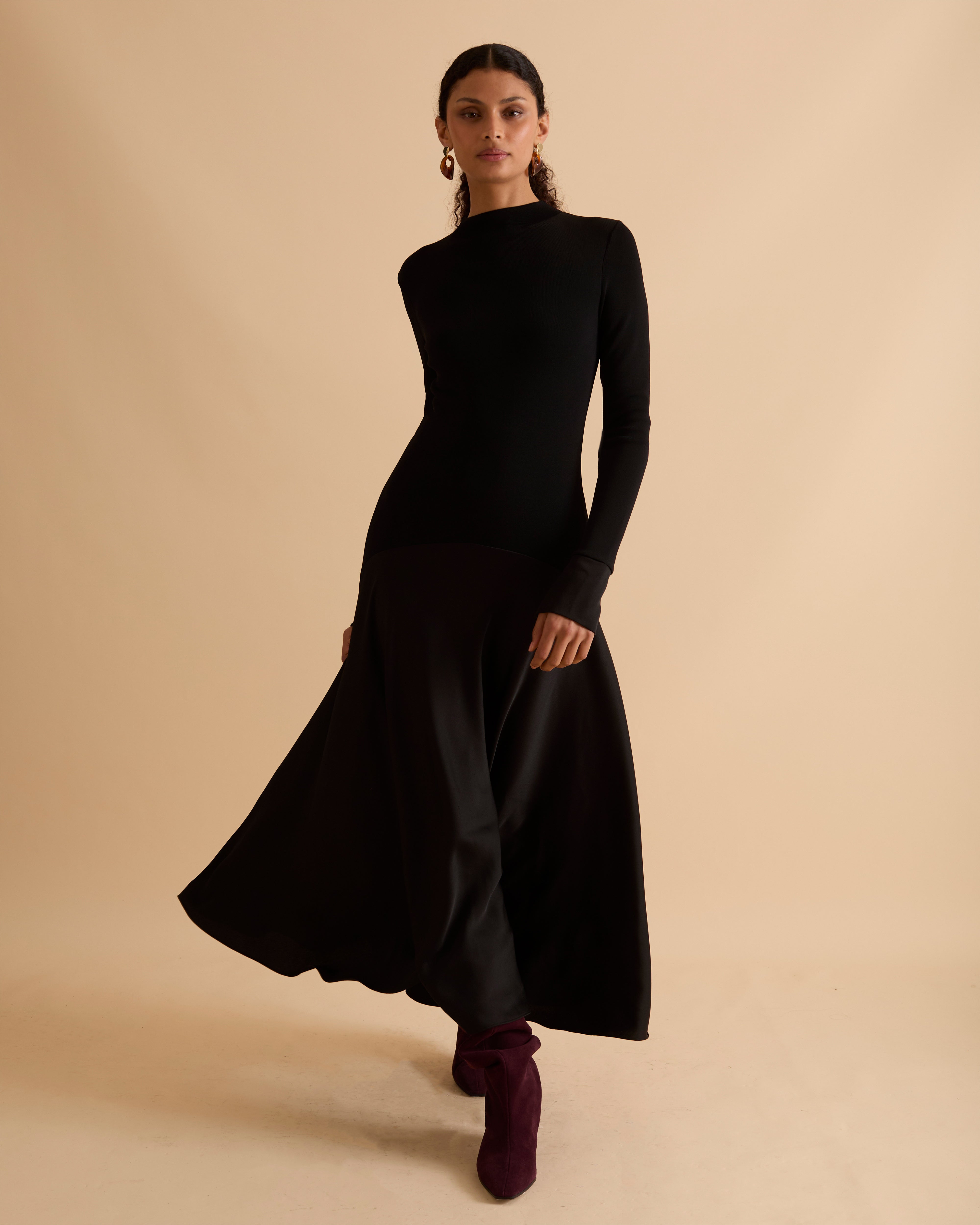 FLORERE black Knit And Woven Mix hybrid Midi Dress Florere FLORERE black Knit And Woven Mix hybrid Midi Dress Florere