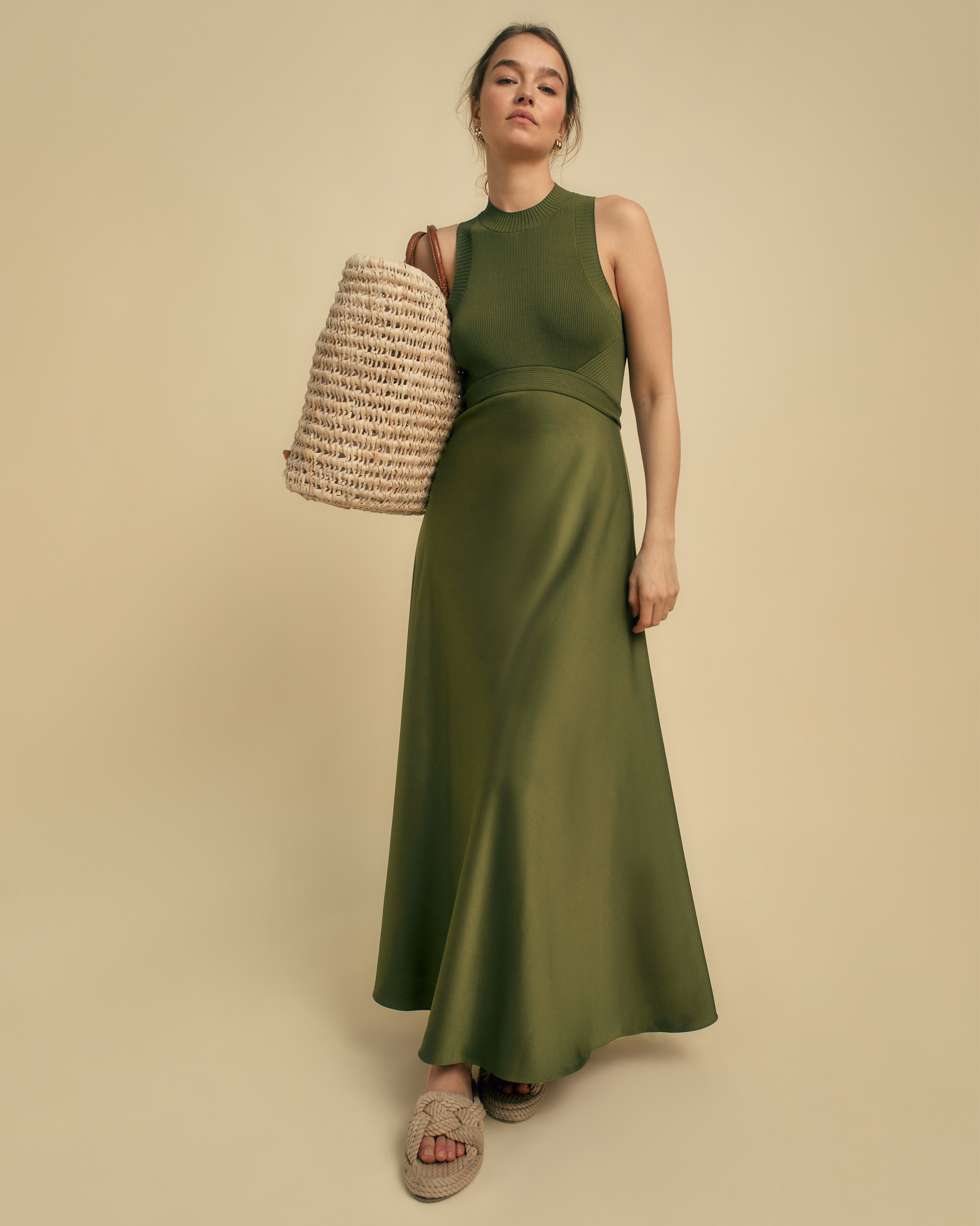 Knit & Rib Satin Hybrid Midi Dress