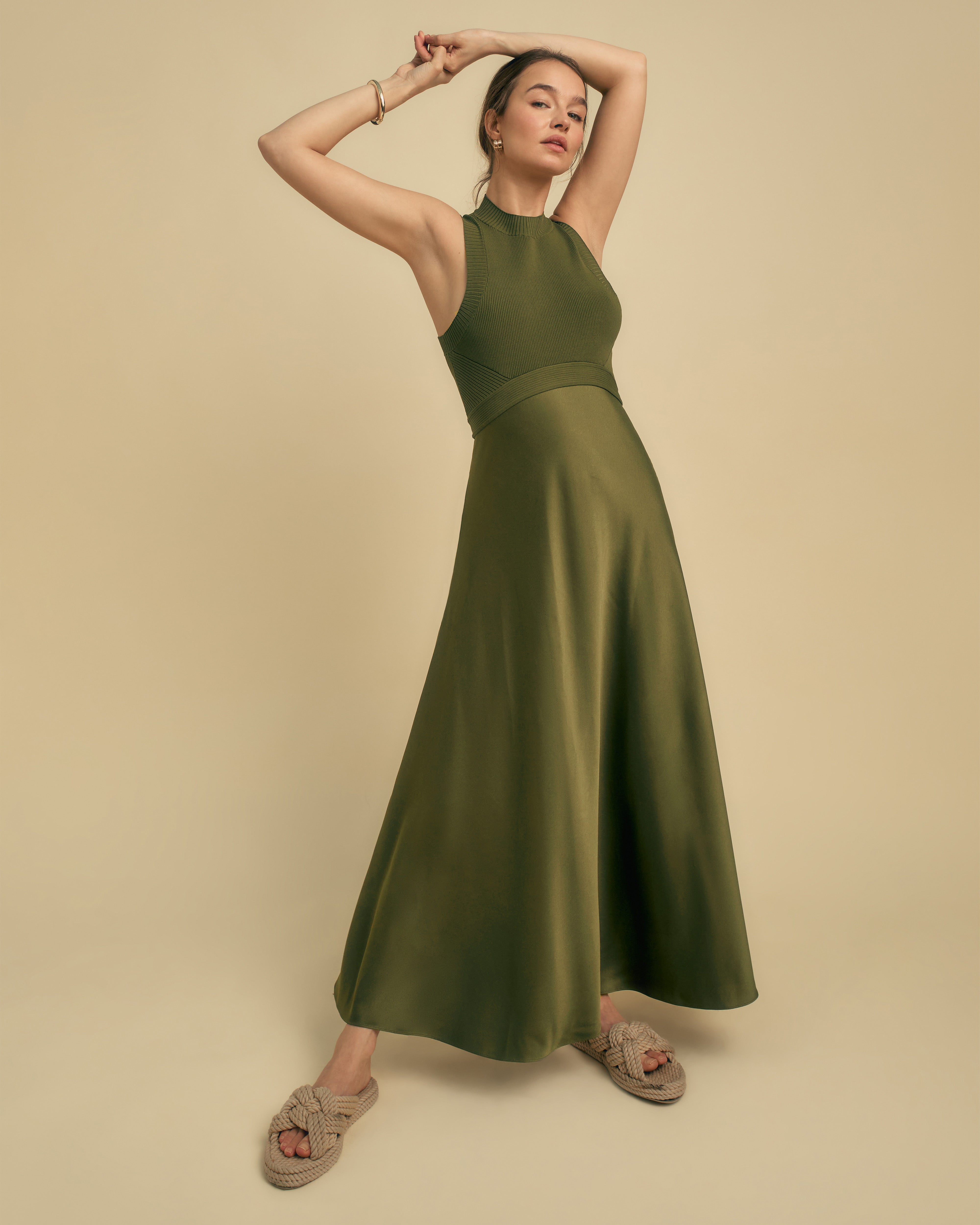 Knit & Rib Satin Hybrid Midi Dress