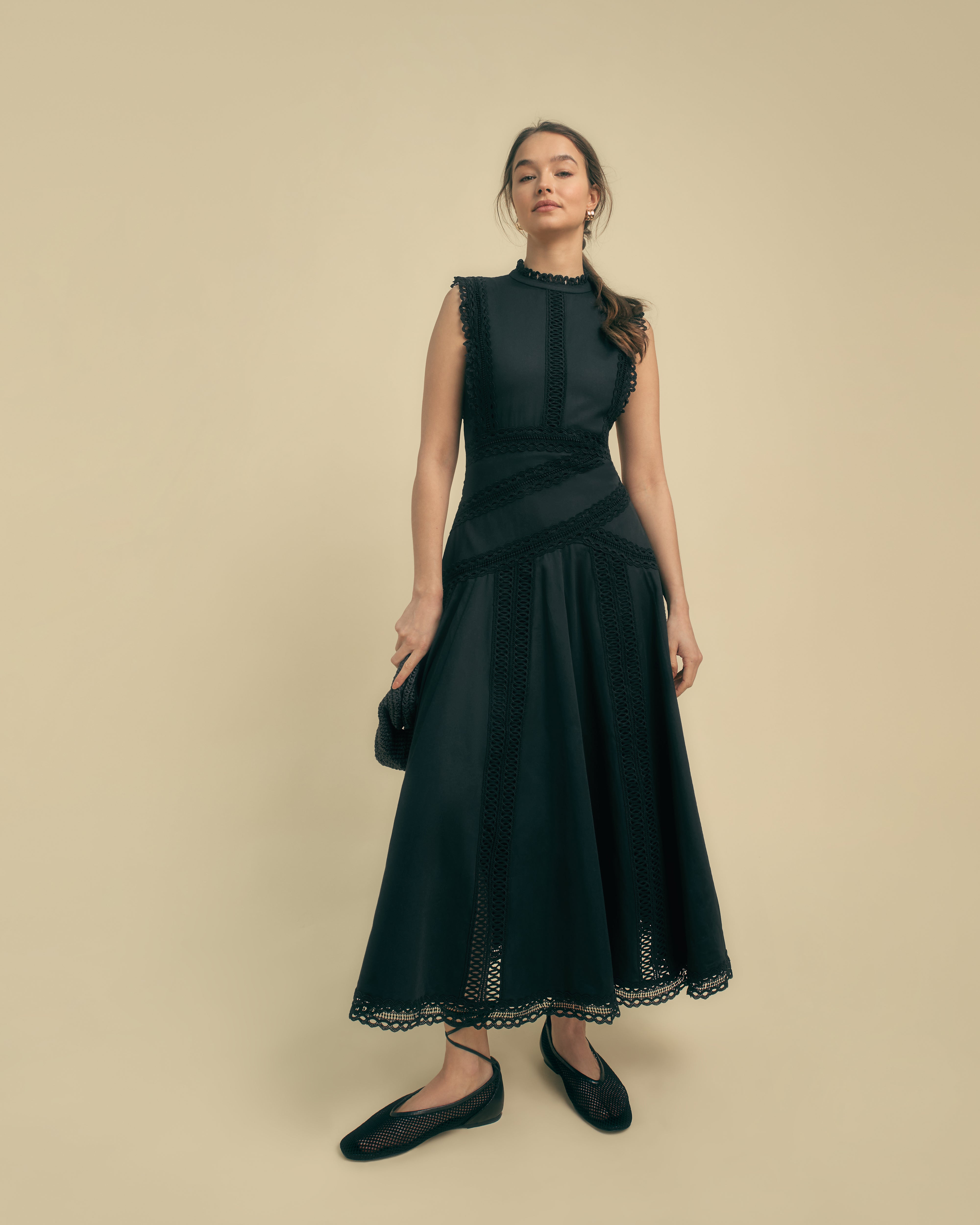 FLORERE black Lace crochet Detail Cotton Midi Dress Florere FLORERE black Lace crochet Detail Cotton Midi Dress Florere