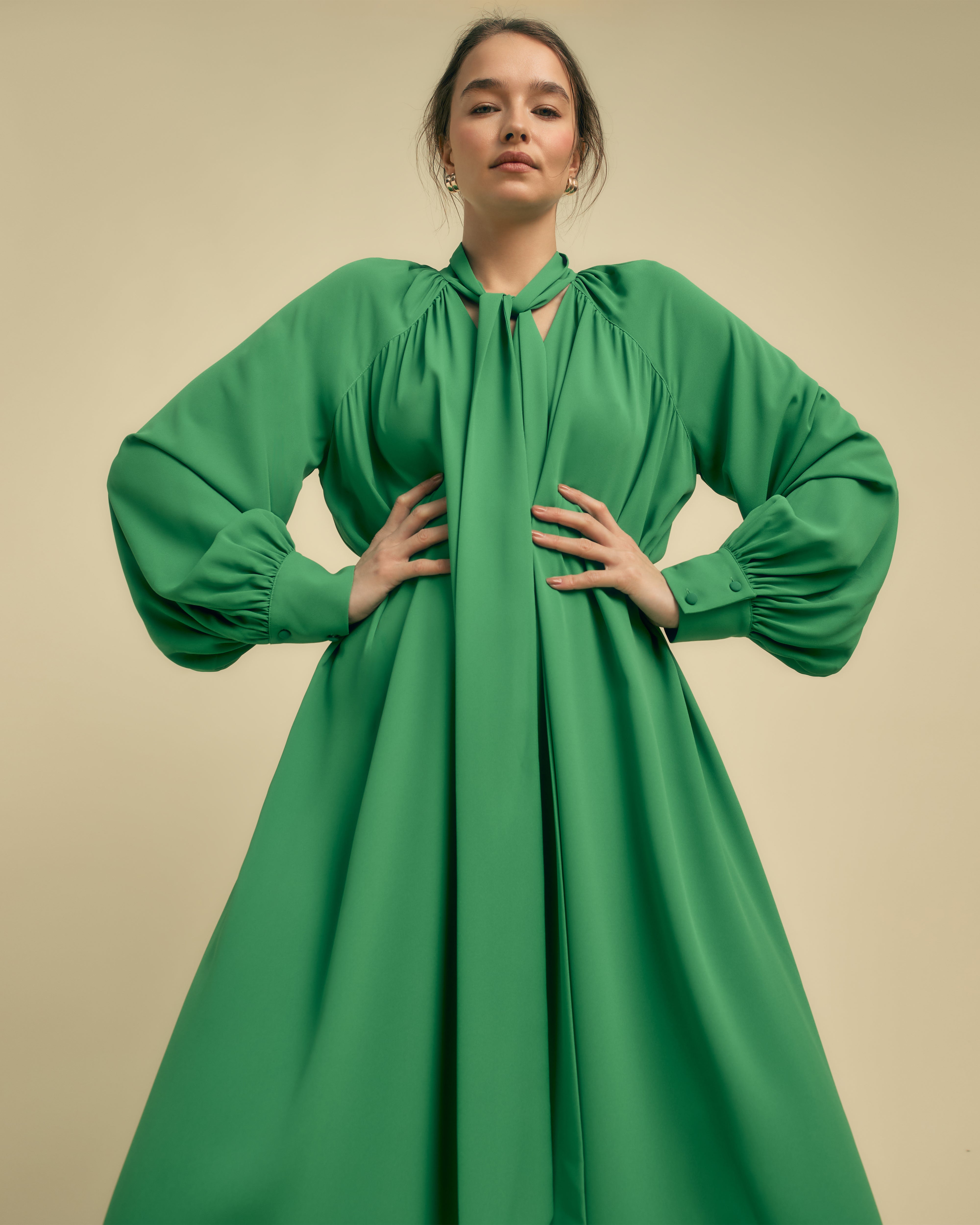 FLORERE Long Sleeve green Tie Neck Midi Dress Florere FLORERE Long Sleeve green Tie Neck Midi Dress Florere