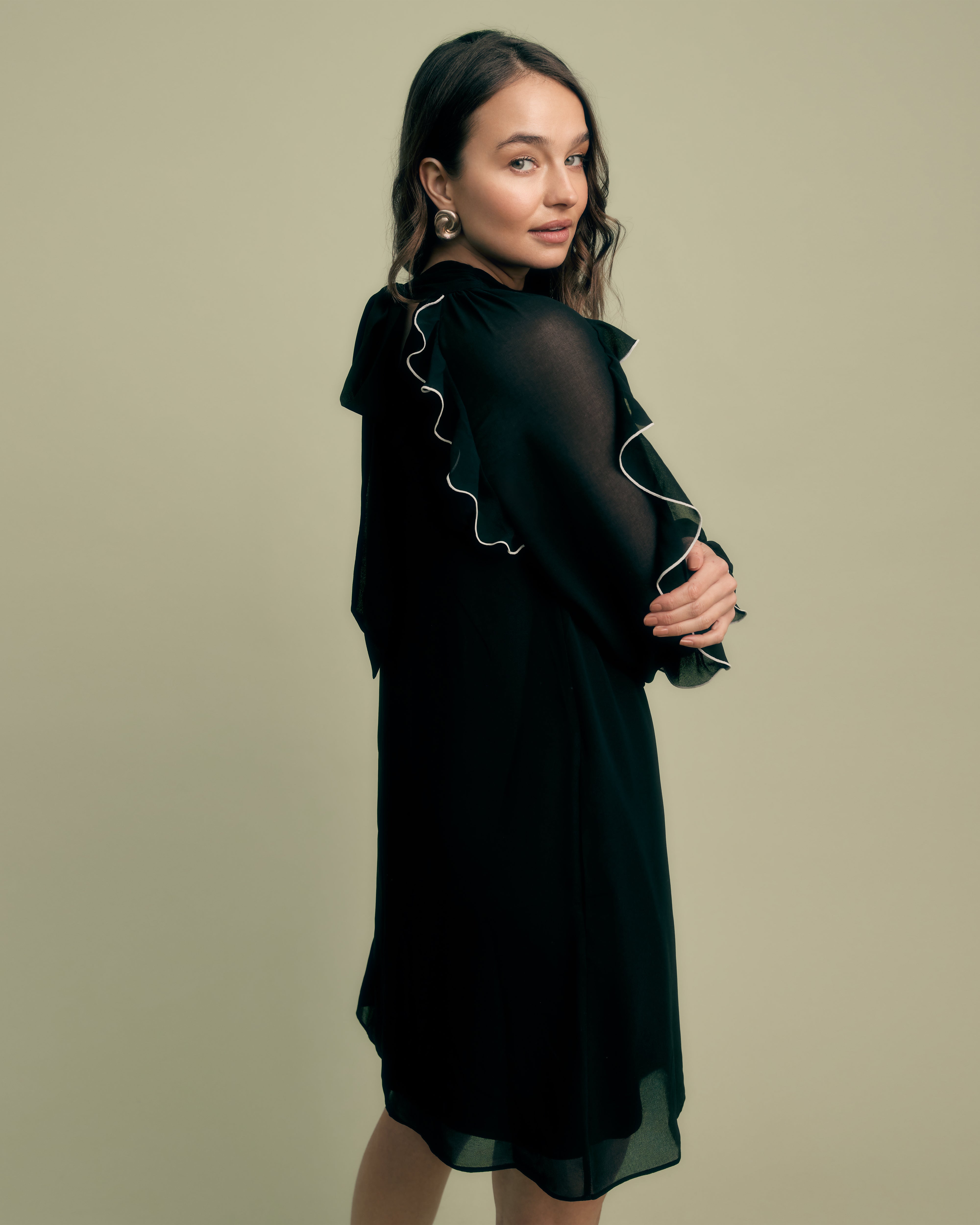 FLORERE Contrast Ruffle Long Sleeve black Mini Dress Florere FLORERE Contrast Ruffle Long Sleeve black Mini Dress Florere