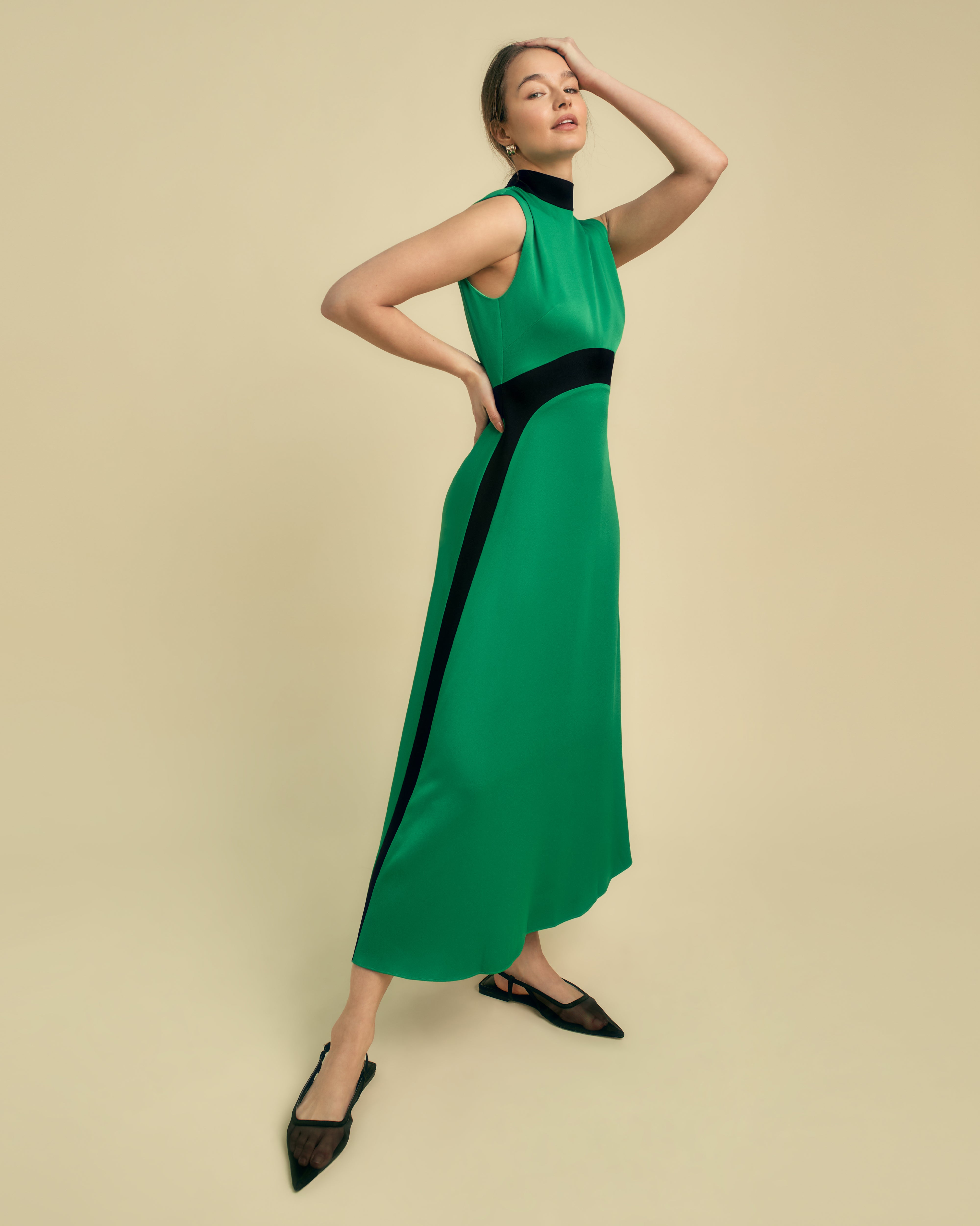 colour block midi dress FLORERE Knit And Woven Mix Colourblock Midi Dress green and black hybrid Florere