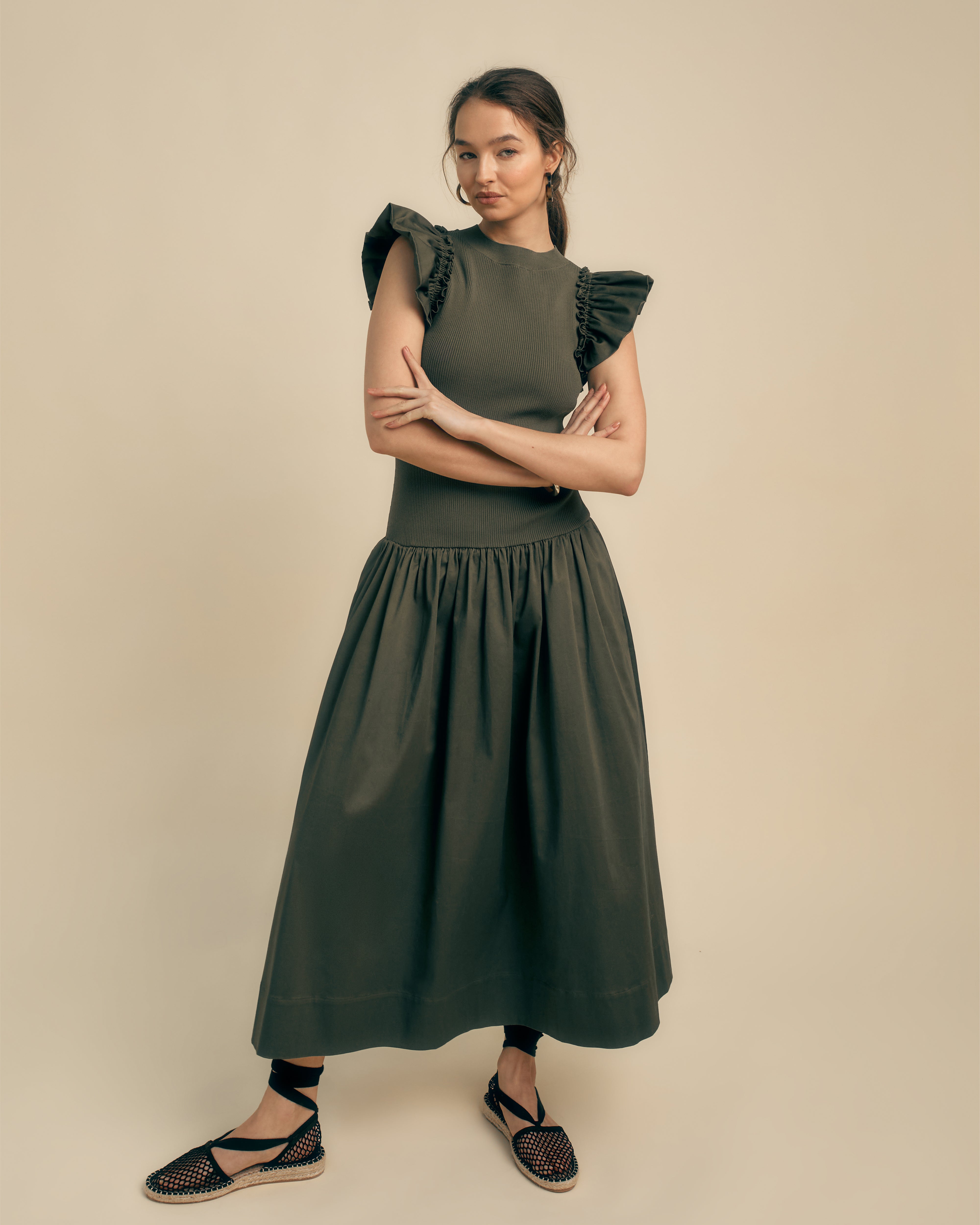 ruffle sleeve midi dress Bali Tropics Jelina ORANGE-PINK-MULTI / XS by Sugarlips stretchy soft woven Open back with zigzag laced tie Tiered skirt Ruffle waist detail Lined Self Pleated Diamond Linen Ruffle Sleeve