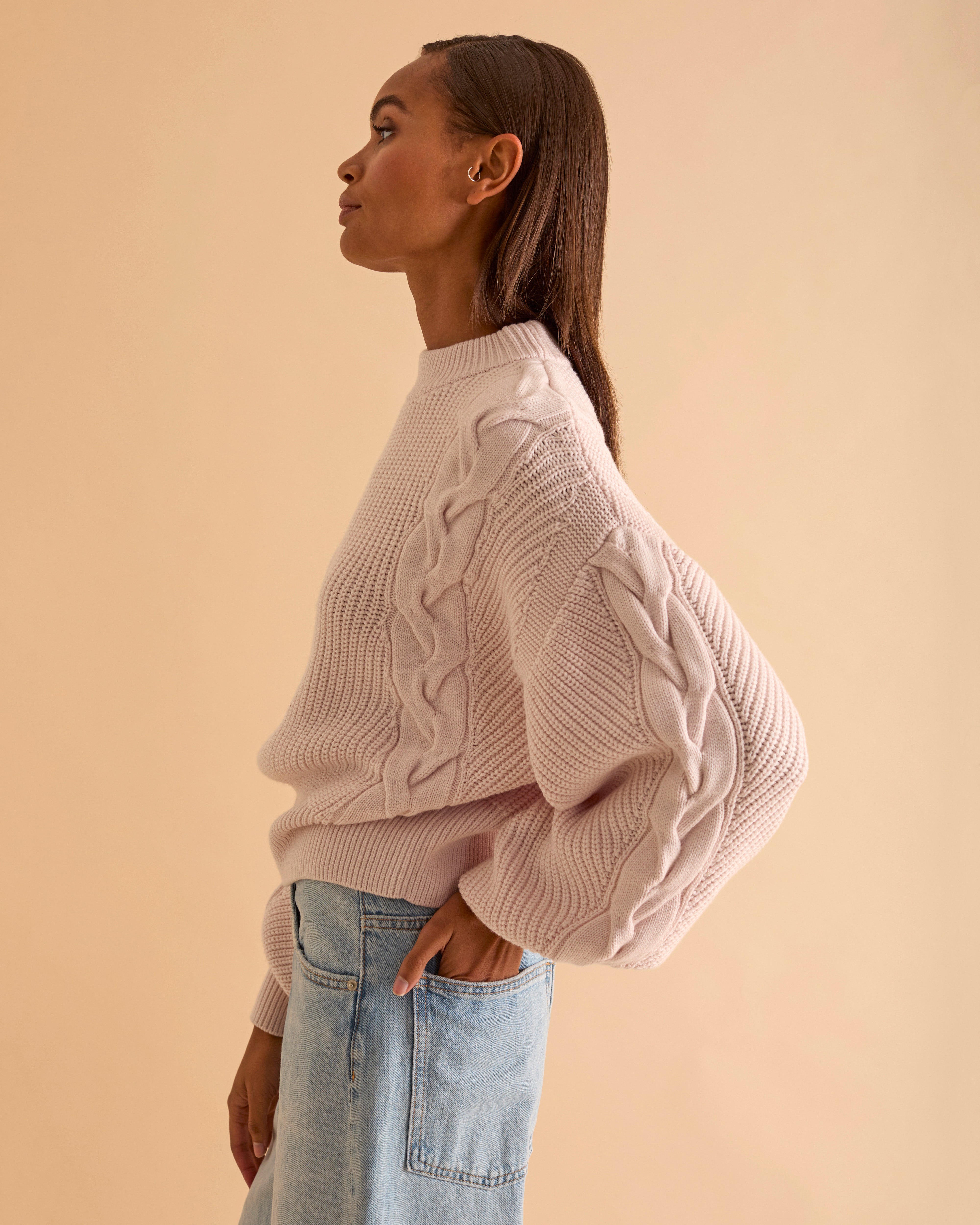 Wool Blend Cable Detail Blouson Sleeve Jumper