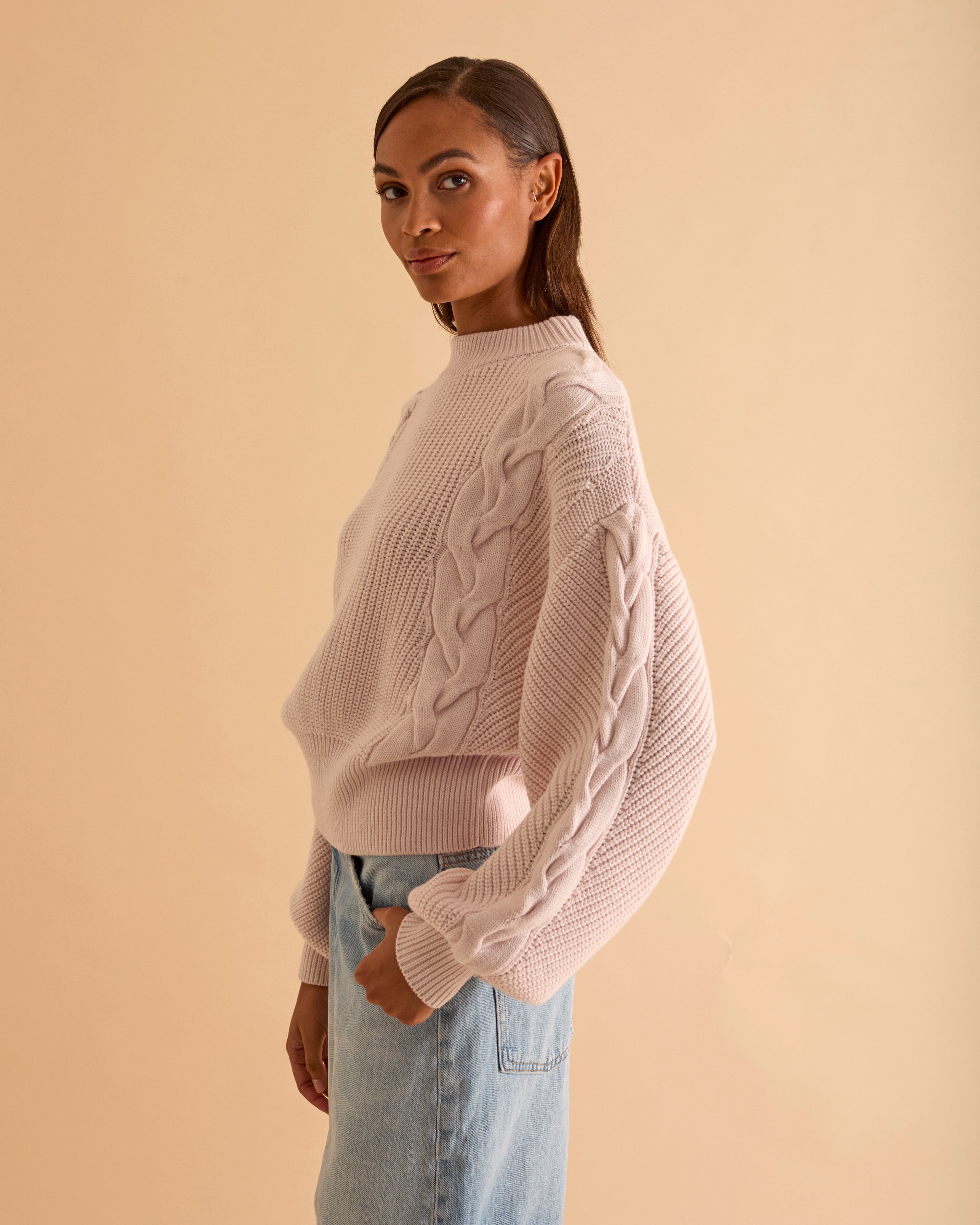 Wool Blend Cable Detail Blouson Sleeve Jumper