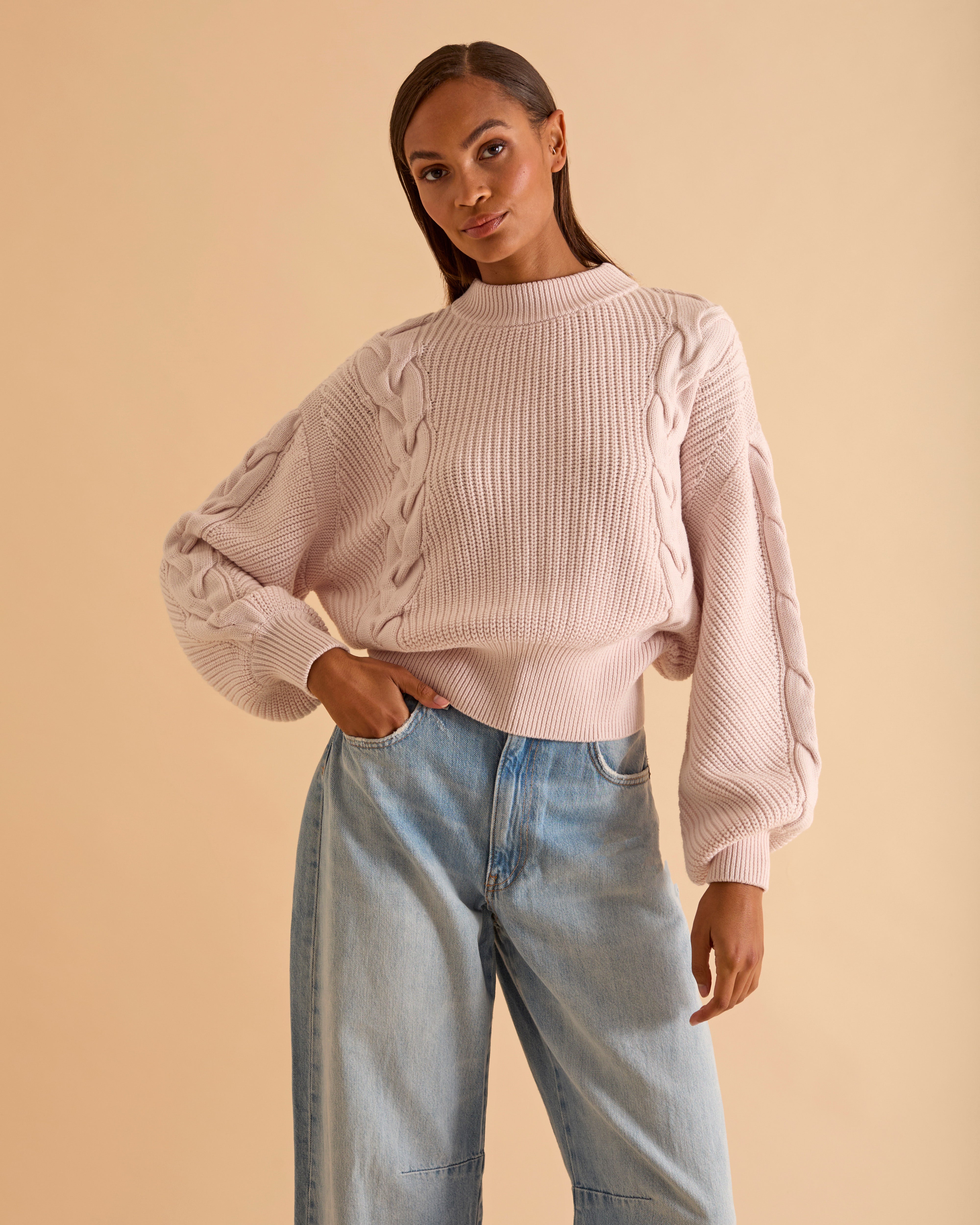 Wool Blend Cable Detail Blouson Sleeve Jumper