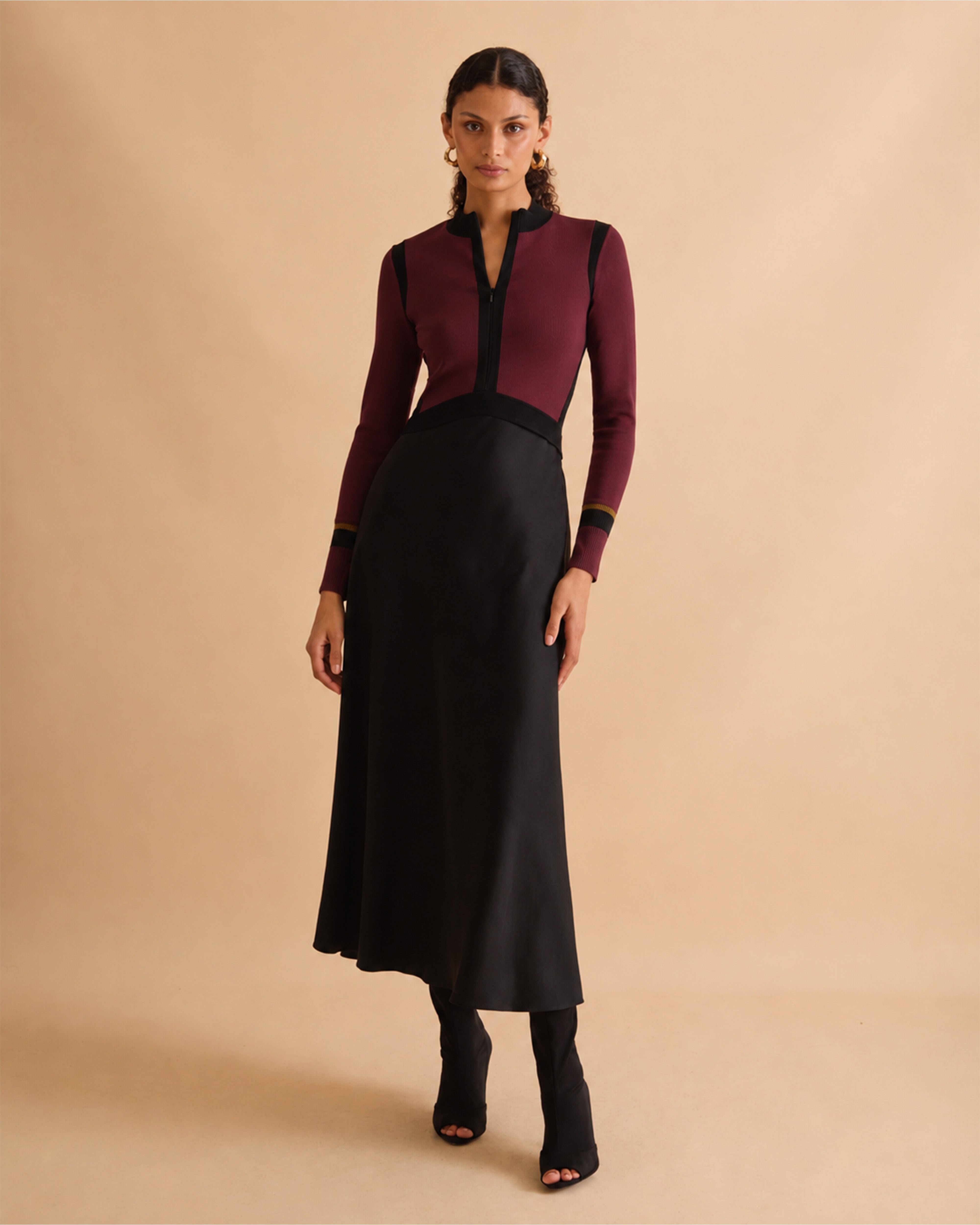 Colour Block Knit & Crepe Midi Dress