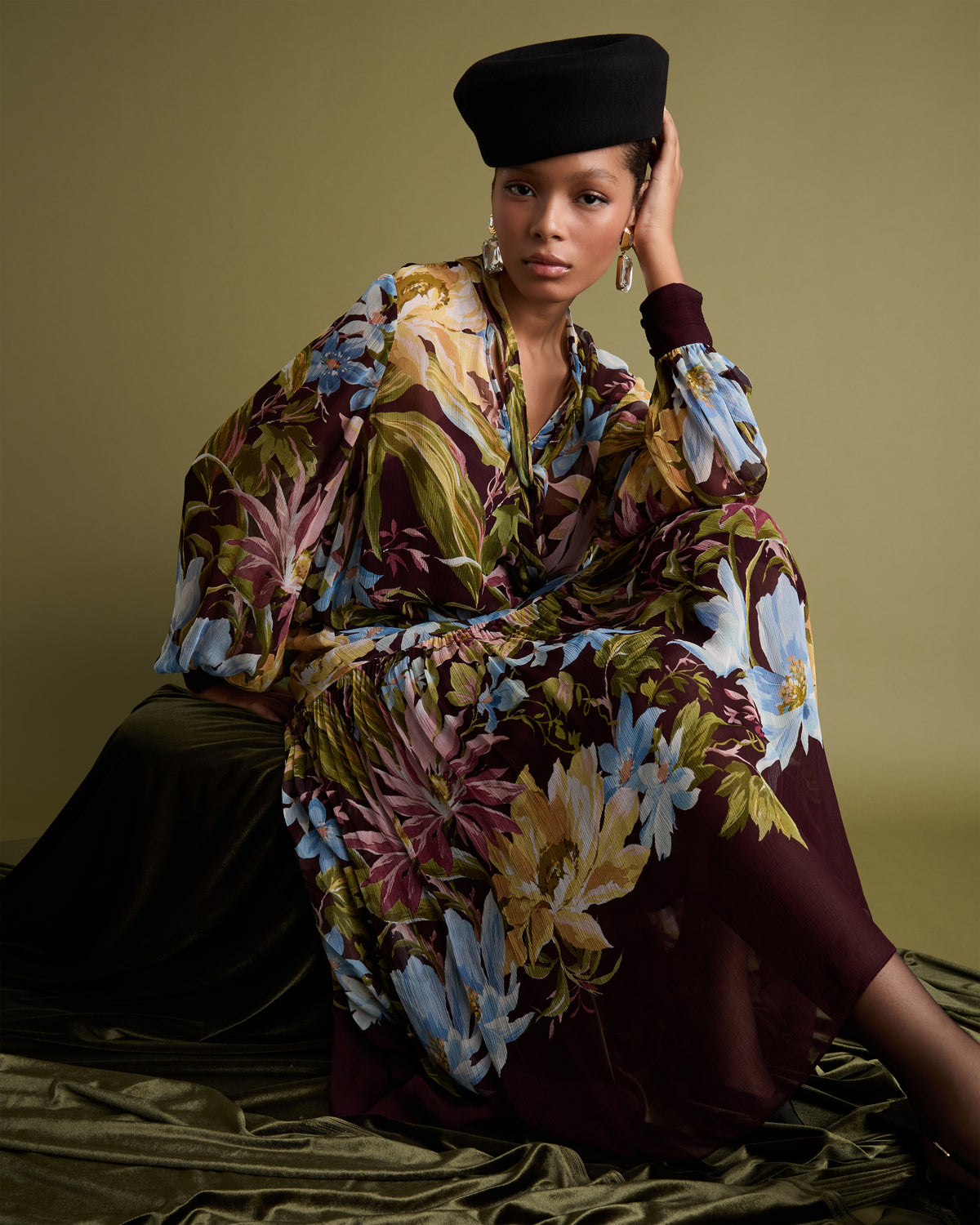 Floral Printed Midi Dress with Long Sleeves