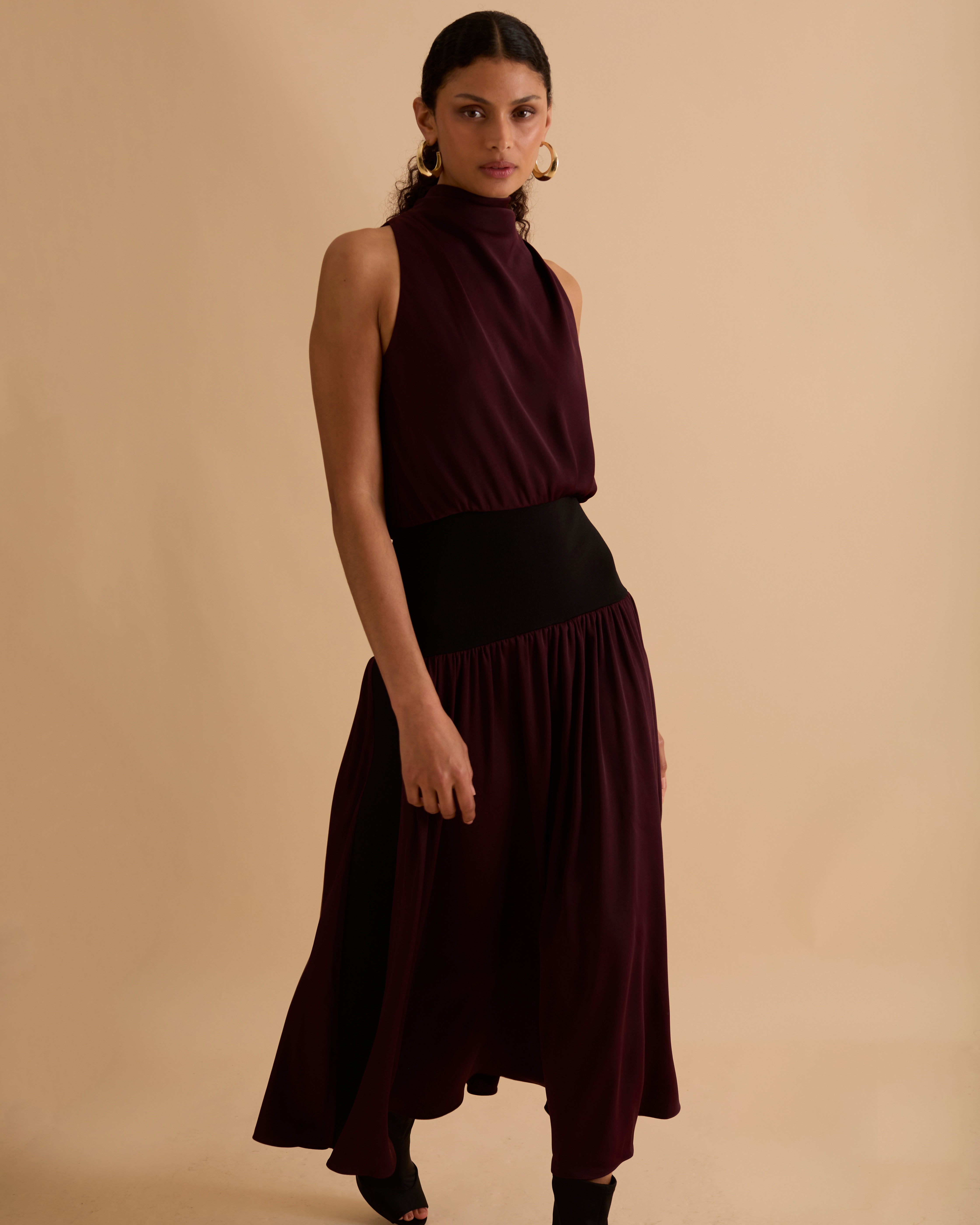 Satin & Knit Mix Cowl Midi Dress