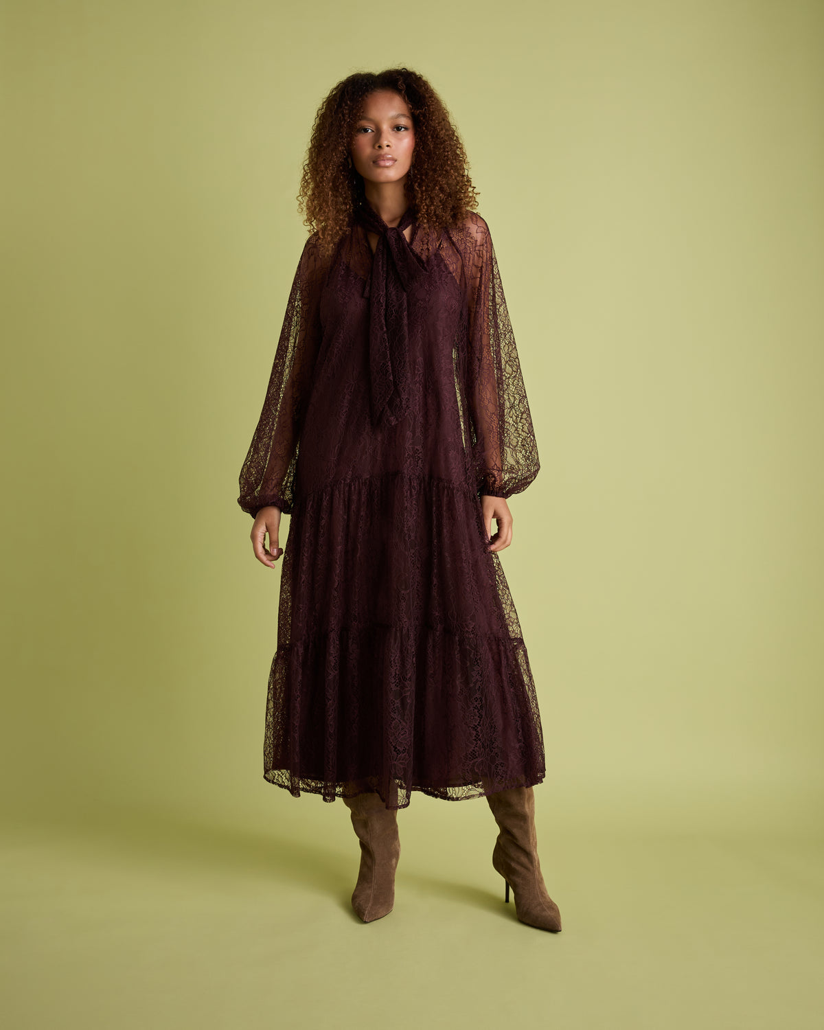 Burgundy Lace Long Sleeve Midi Dress