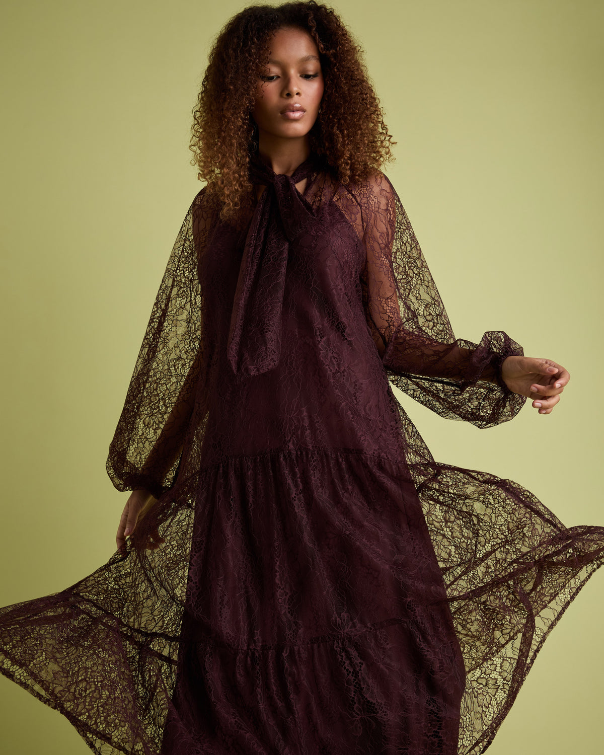Burgundy Lace Long Sleeve Midi Dress