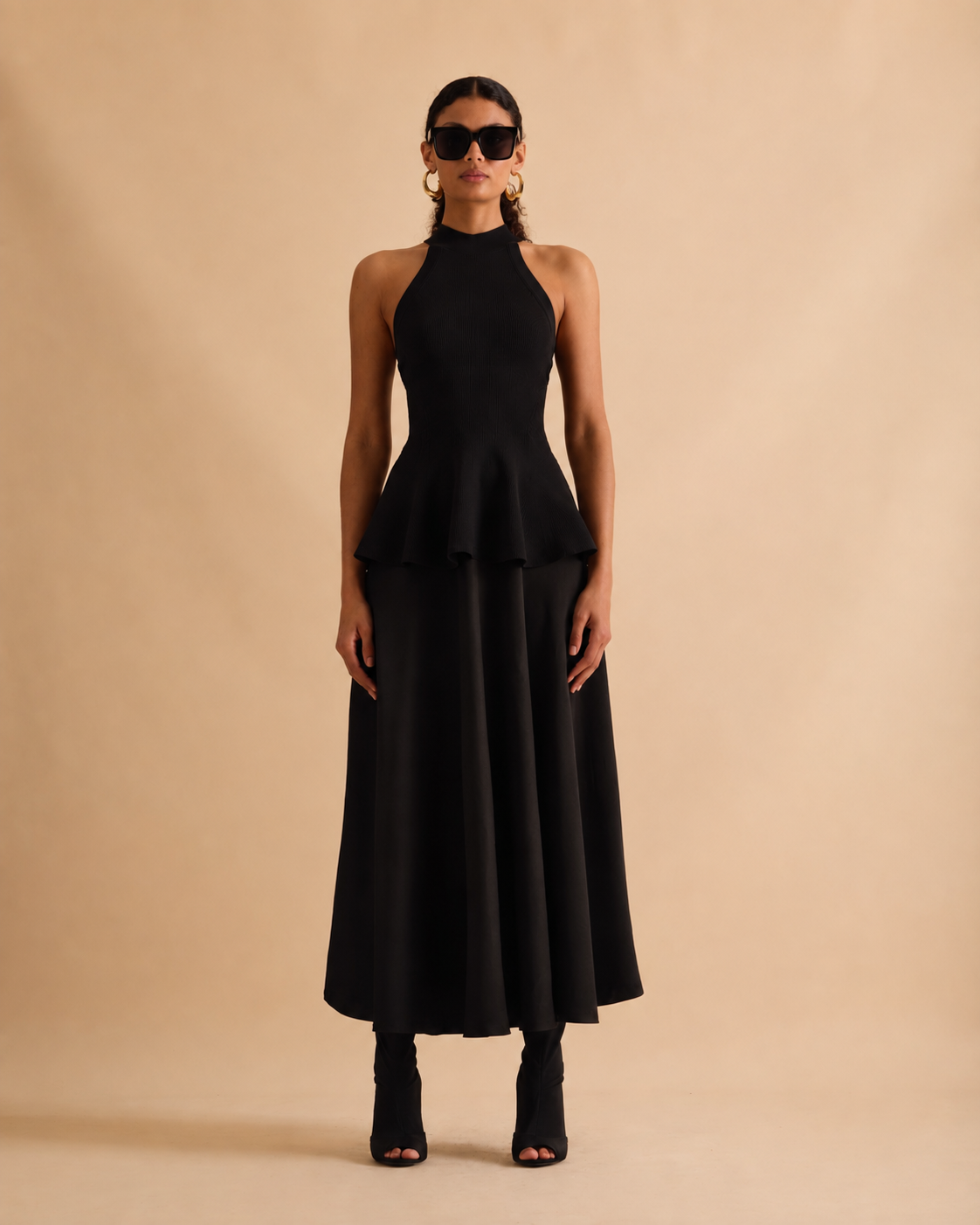 Knit & Satin Peplum Halterneck Dress