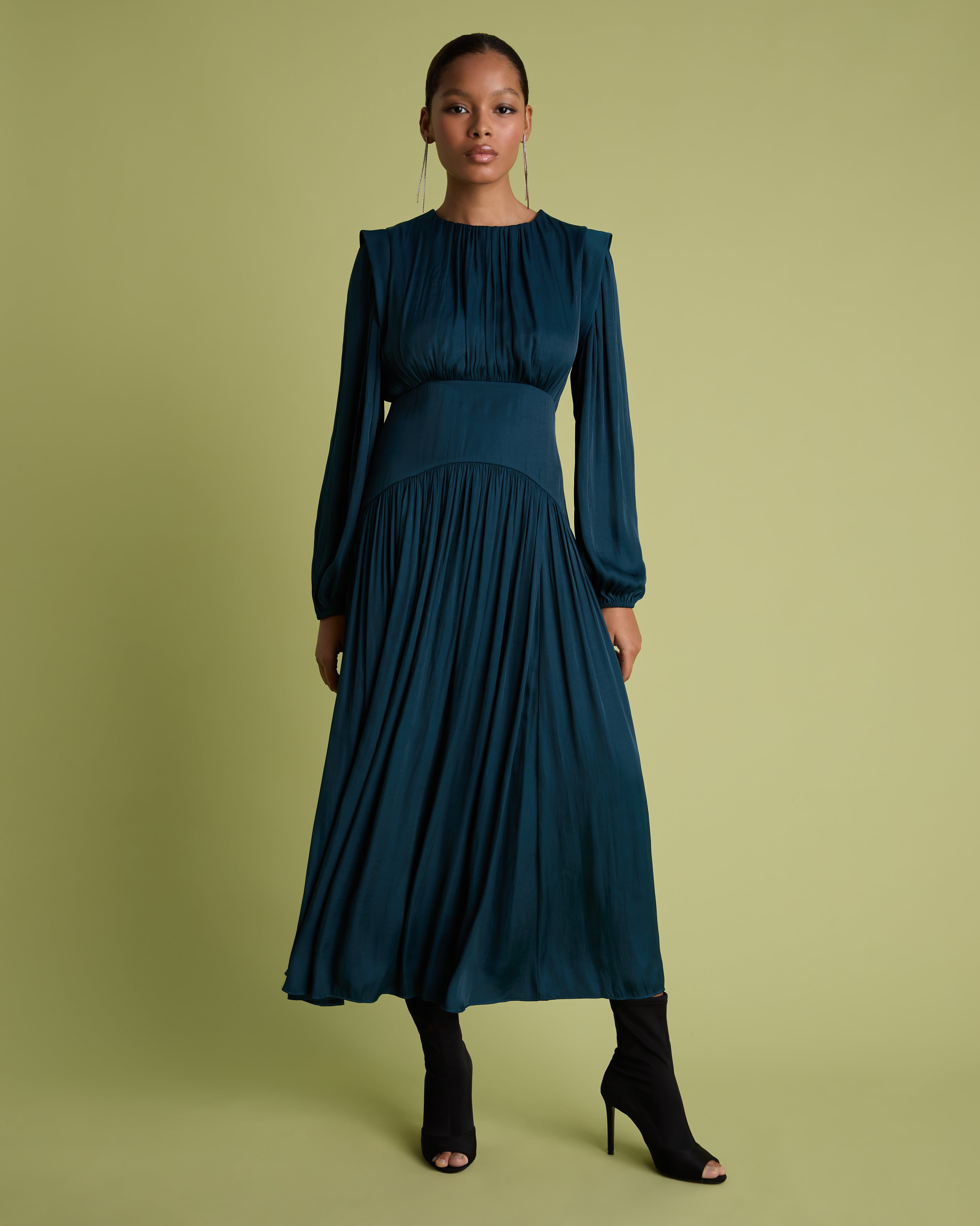 Teal Long Sleeve Fit and Flare Midi Dress