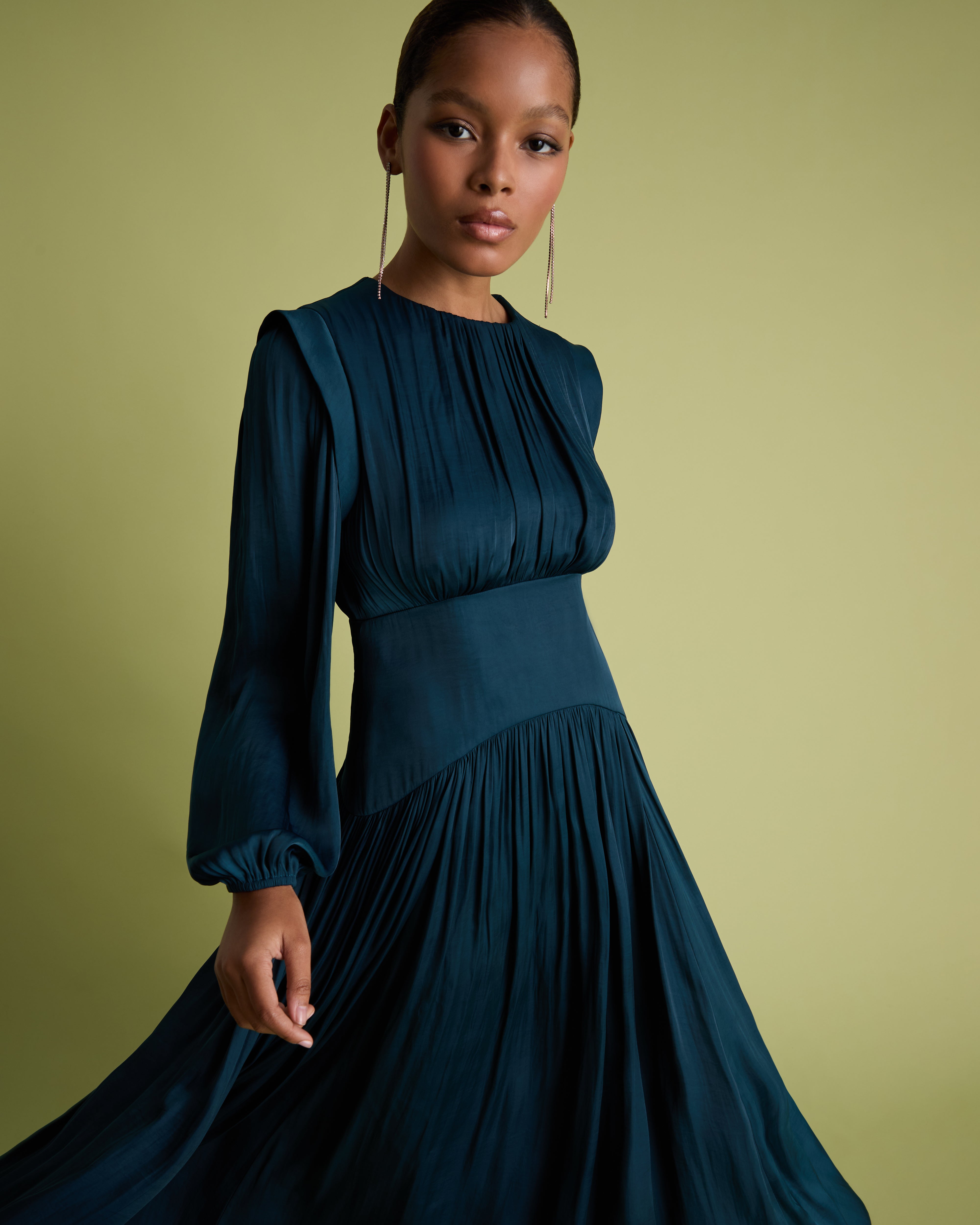 Teal Long Sleeve Fit and Flare Midi Dress