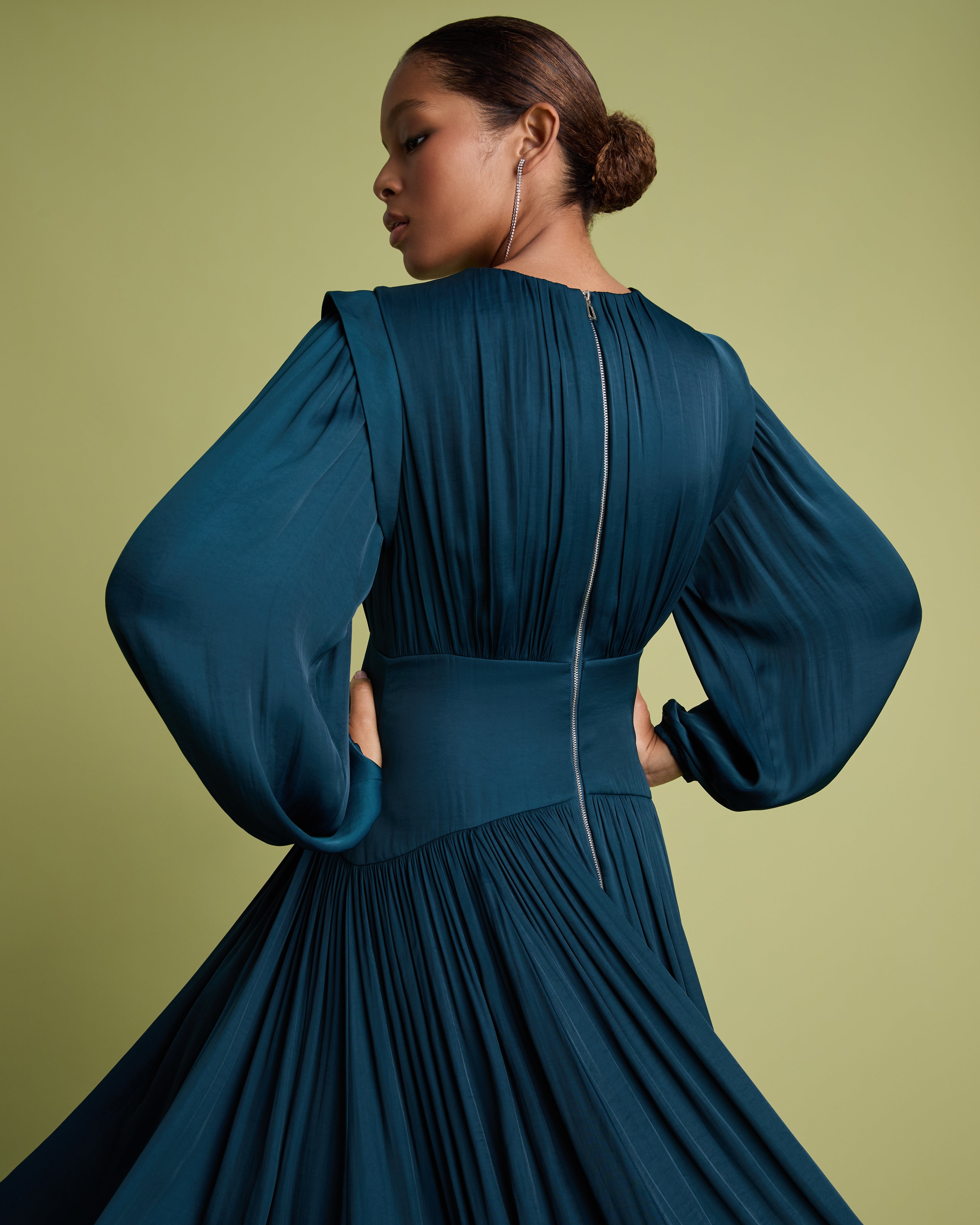 Teal Long Sleeve Fit and Flare Midi Dress