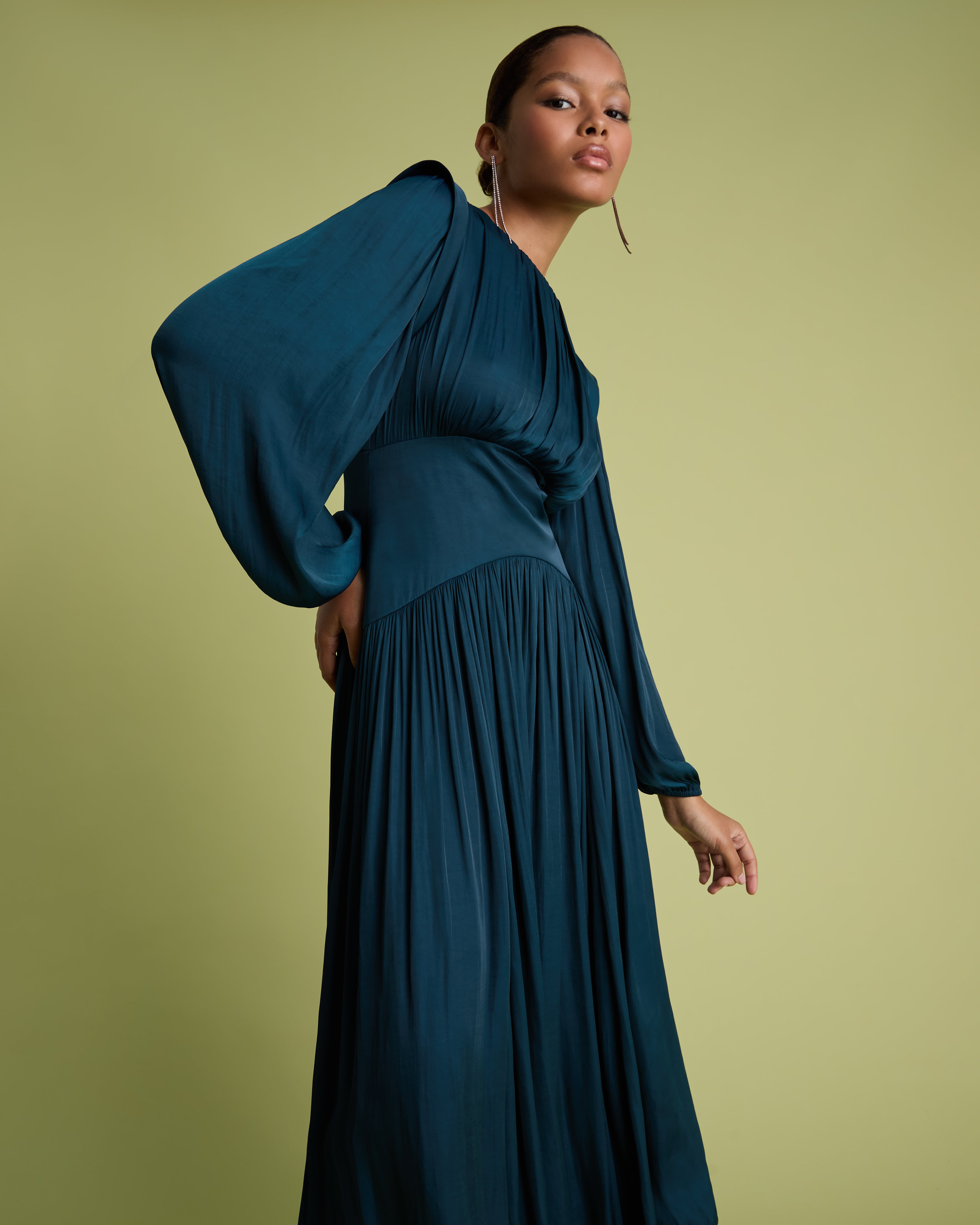 Teal Long Sleeve Fit and Flare Midi Dress