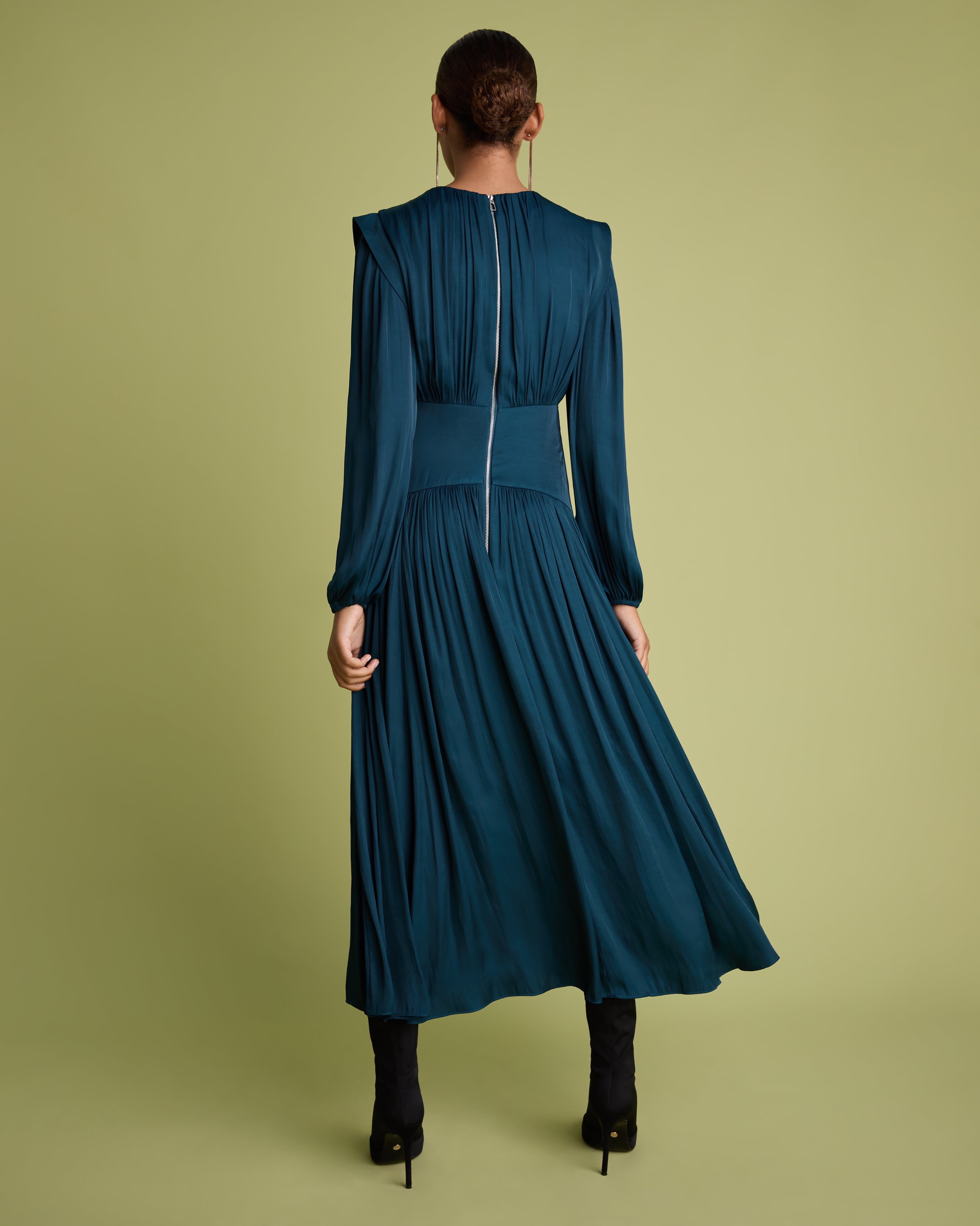 Teal Long Sleeve Fit and Flare Midi Dress